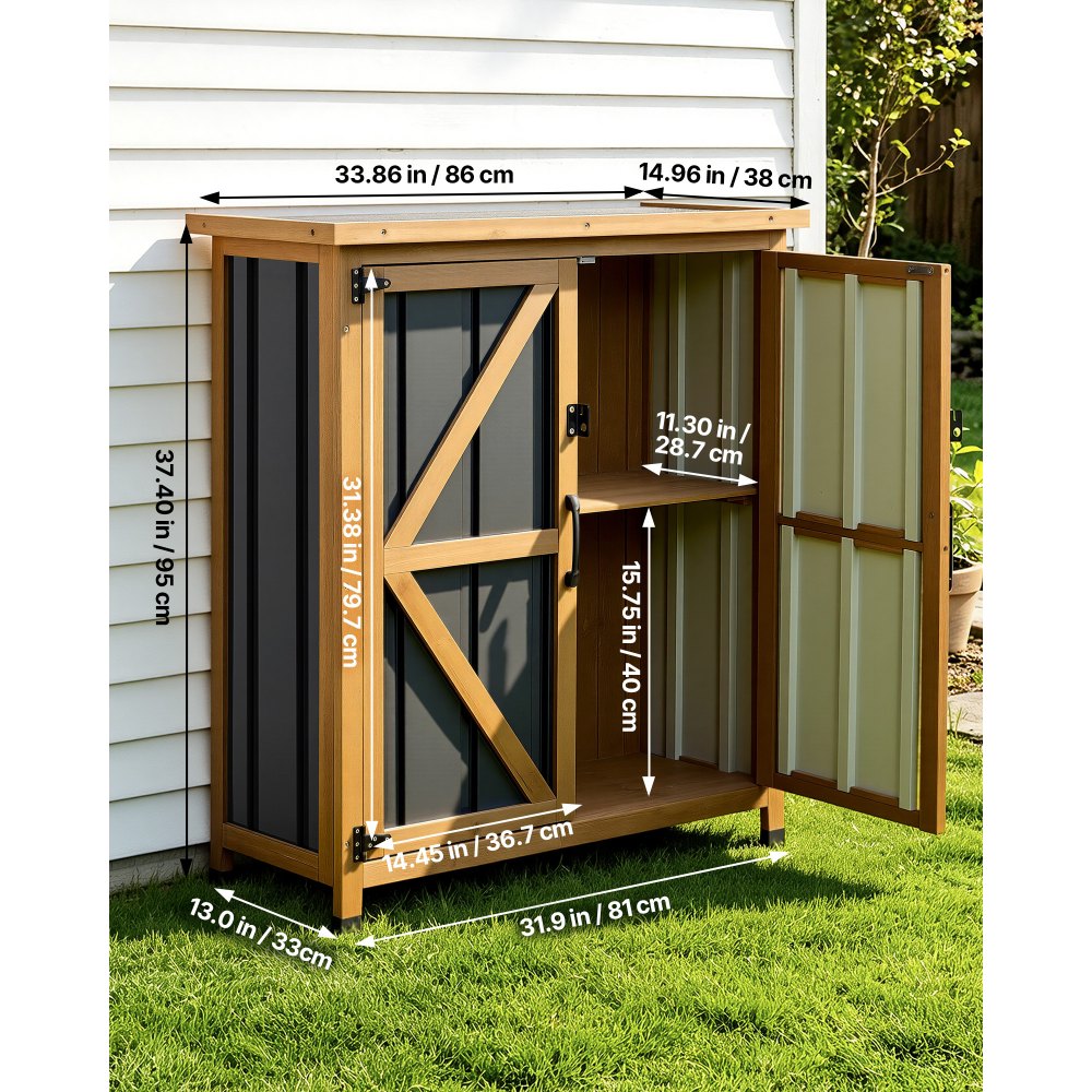 VEVOR Cobertizo de Jardín para Almacenamiento de Herramientas para Exterior, con Estante Ajustable Techo Inclinado a Prueba de Lluvia, Marco de Metal y Madera, Kit de Instalación, para Patio Terraza