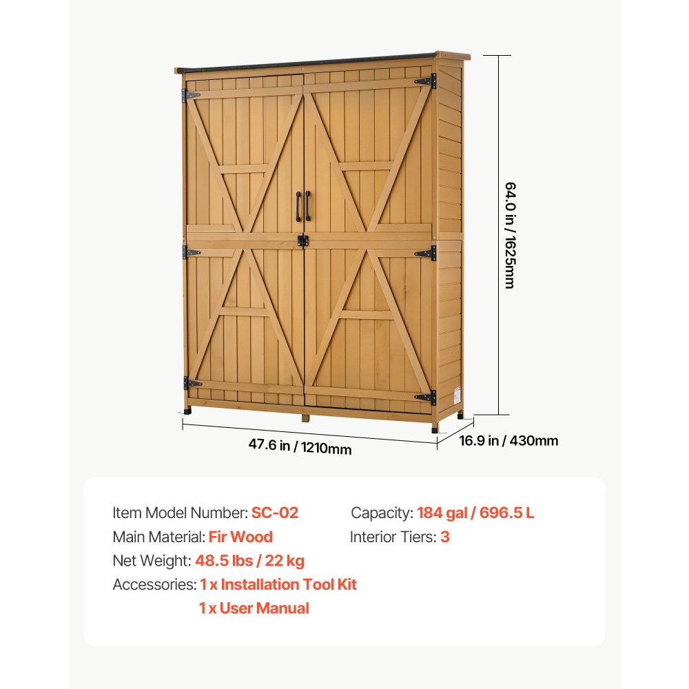 VEVOR Cobertizo de Jardín para Almacenamiento Caseta de Madera de Exterior, con Tejado Inclinado Puerta con Cerrojo Estantes, a Prueba de Lluvia, Armario para Herramientas en Jardín Patio Terraza