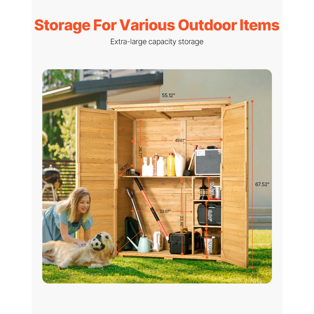VEVOR garden shed 1400 x 600 x 1715 mm, large wooden storage cabinet with waterproof roof and metal frame, double lockable doors, tool shed, garden cabinet with shelves & floor