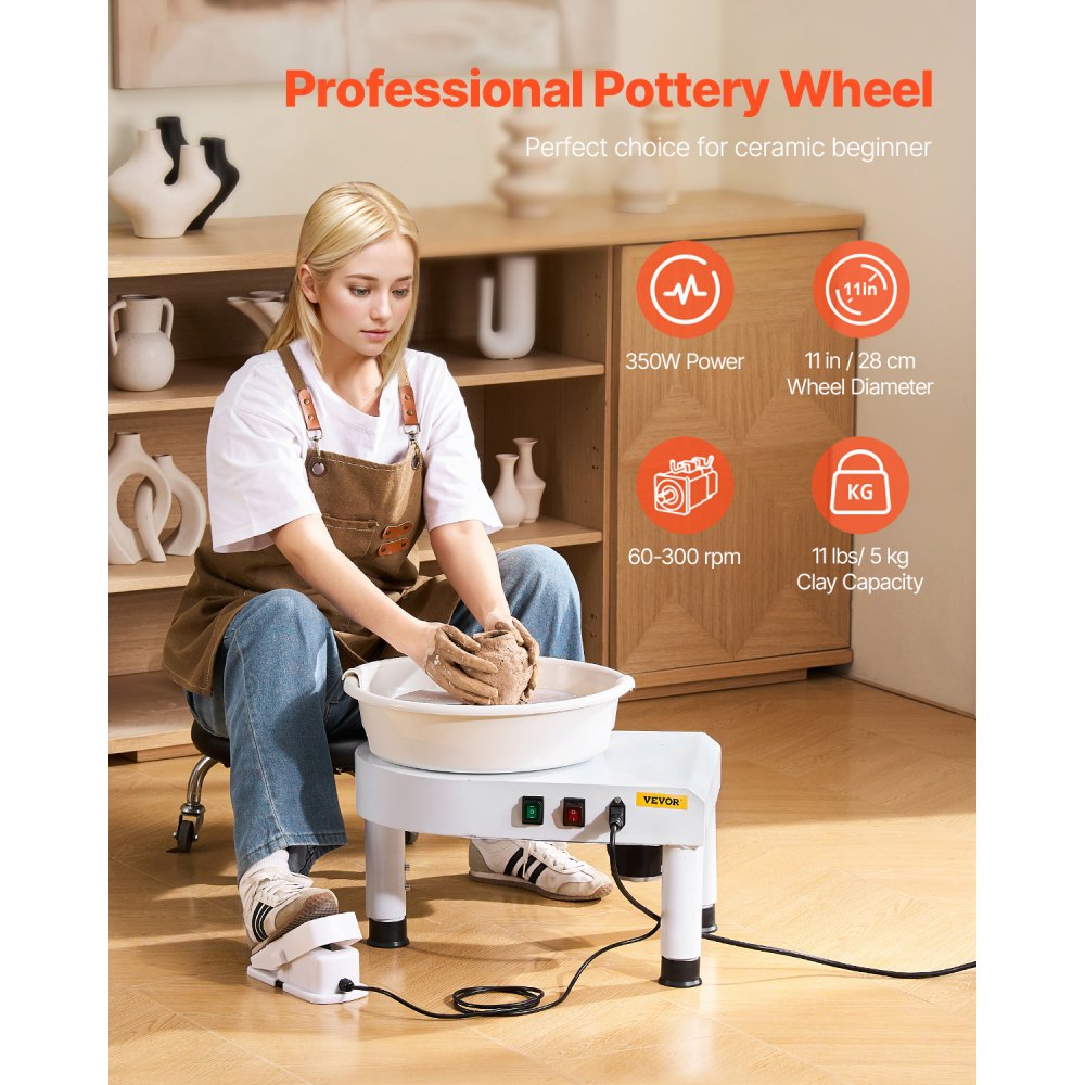 VEVOR Torno de Alfarero 28 cm Rueda de Cerámica Eléctrica para Alfarería, Velocidad Ajustable 60-300 RPM, Placa de Aluminio Pedal de Control Kit Completo de Accesorios, para Bricolaje Taller, Blanco