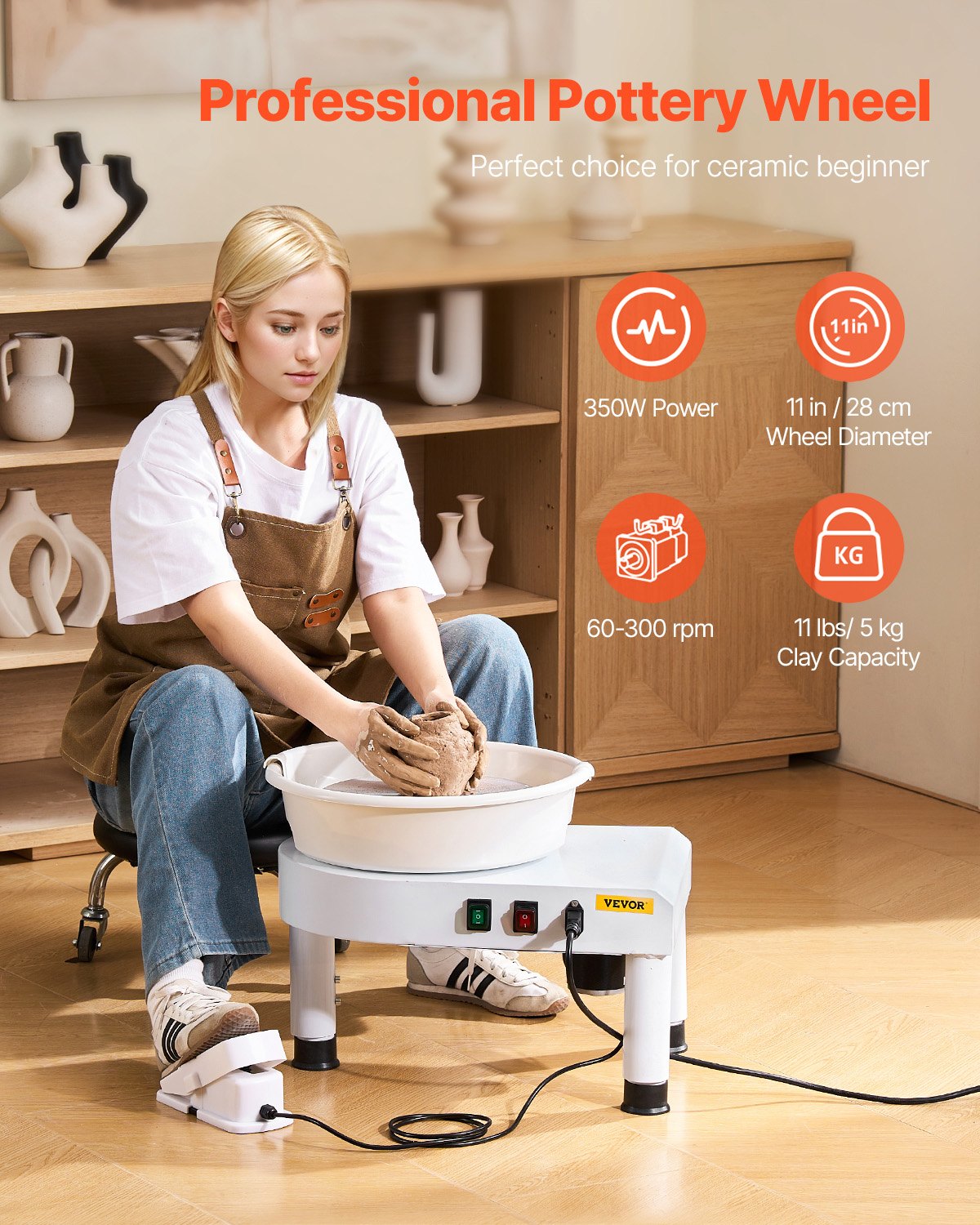 VEVOR Torno de Alfarero 28 cm Rueda de Cerámica Eléctrica para Alfarería, Velocidad Ajustable 60-300 RPM, Placa de Aluminio Pedal de Control Kit Completo de Accesorios, para Bricolaje Taller, Blanco