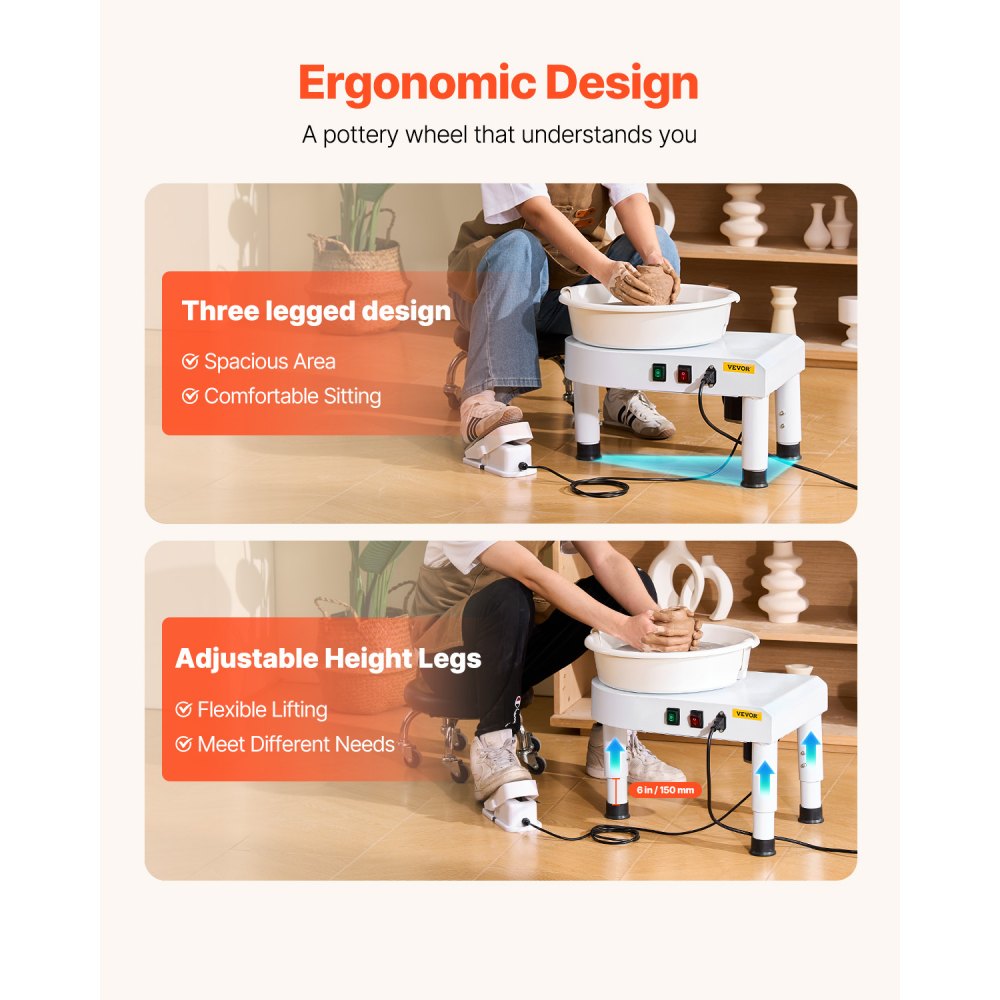 VEVOR Torno de Alfarero Eléctrico Plato Giratorio de 28 cm de Aleación de Aluminio, Máquina de Cerámica con Pedal 350 W Velocidad Ajustable de 60-300 RPM, para Manualidades, Bricolaje, Blanco