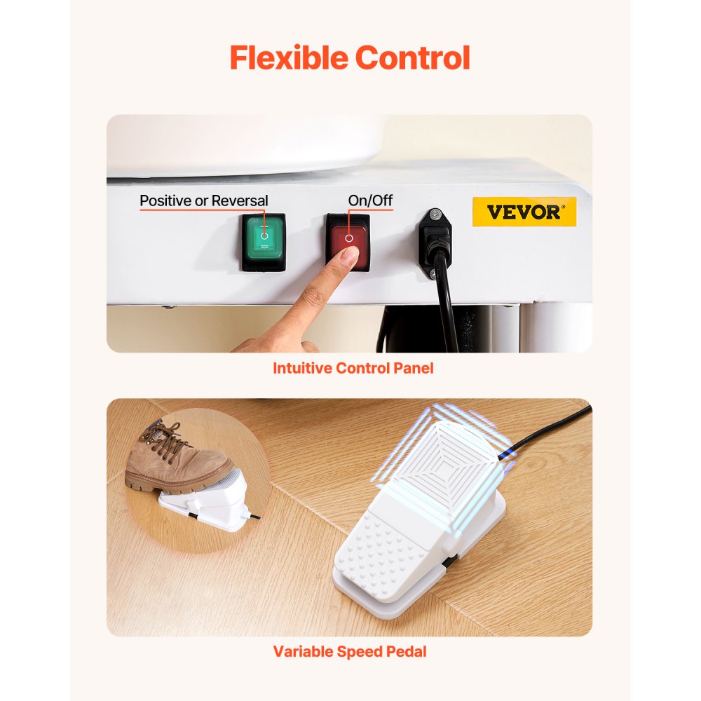 VEVOR Torno de Alfarero Eléctrico Plato Giratorio de 28 cm de Aleación de Aluminio, Máquina de Cerámica con Pedal 350 W Velocidad Ajustable de 60-300 RPM, para Manualidades, Bricolaje, Blanco