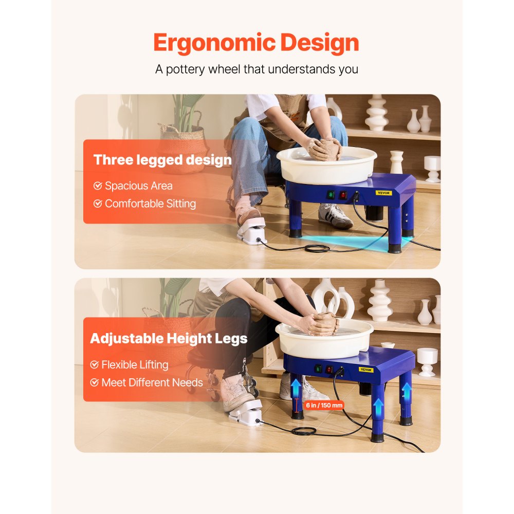 VEVOR Torno de Alfarero, Placa de Aluminio de 35 cm, Rueda de Cerámica Eléctrica, Velocidad Ajustable de 60 a 300 RPM, con Pedal Depósito Desmontable Patas Elevables, para Bricolaje Alfarería, Azul