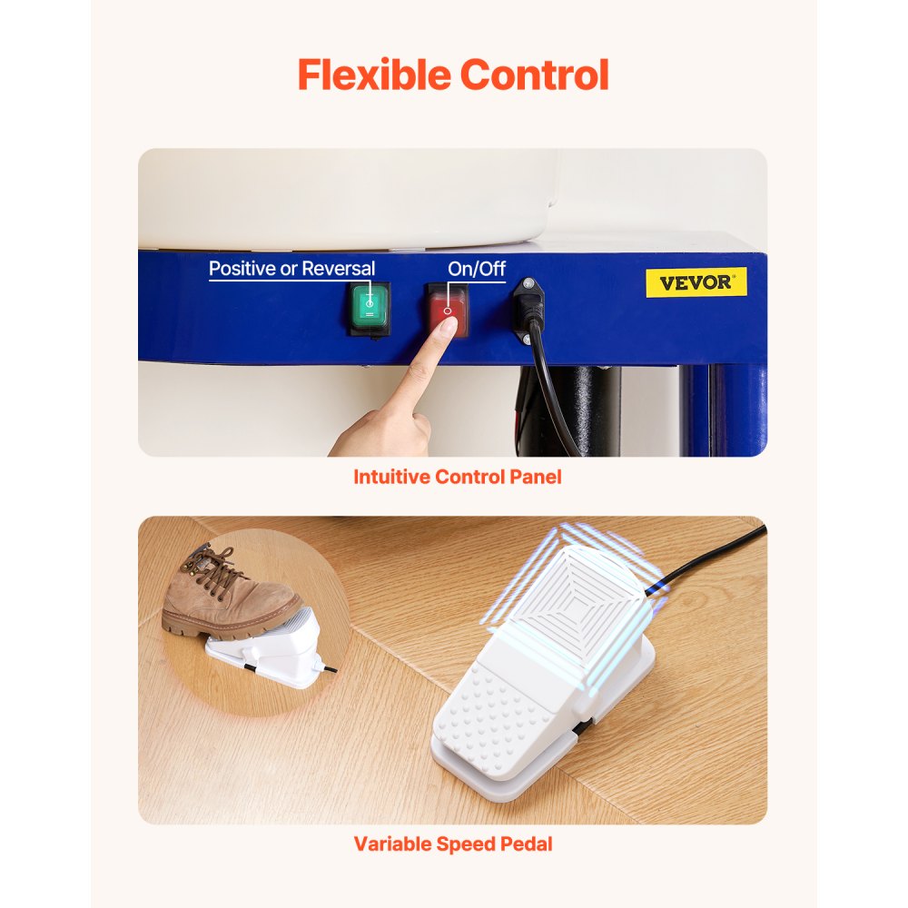 VEVOR Torno de Alfarero, Placa de Aluminio de 35 cm, Rueda de Cerámica Eléctrica, Velocidad Ajustable de 60 a 300 RPM, con Pedal Depósito Desmontable Patas Elevables, para Bricolaje Alfarería, Azul