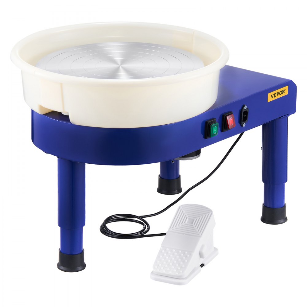 VEVOR Torno de Alfarero, Placa de Aluminio de 35 cm, Rueda de Cerámica Eléctrica, Velocidad Ajustable de 60 a 300 RPM, con Pedal Depósito Desmontable Patas Elevables, para Bricolaje Alfarería, Azul