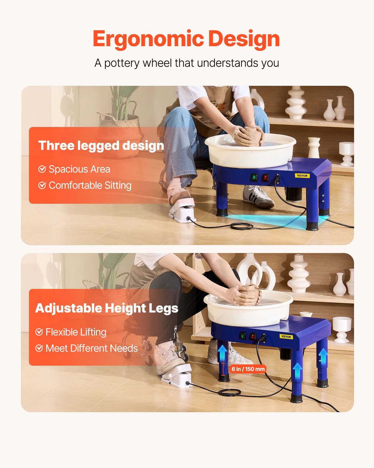 VEVOR Torno de Alfarero, Placa de Aluminio de 35 cm, Rueda de Cerámica Eléctrica, Velocidad Ajustable de 60 a 300 RPM, con Pedal Depósito Desmontable Patas Elevables, para Bricolaje Alfarería, Azul