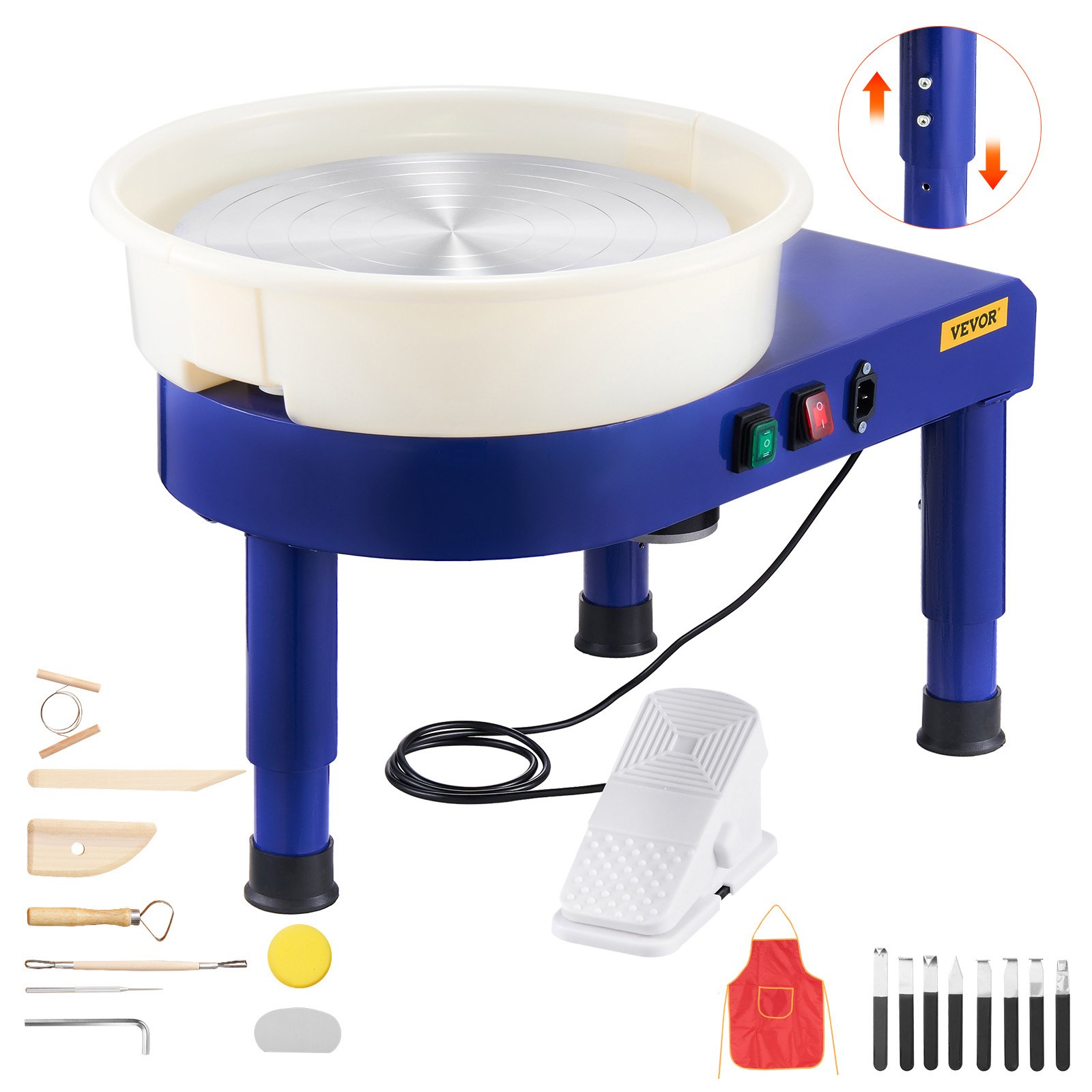 VEVOR Torno de Alfarero, Placa de Aluminio de 35 cm, Rueda de Cerámica Eléctrica, Velocidad Ajustable de 60 a 300 RPM, con Pedal Depósito Desmontable Patas Elevables, para Bricolaje Alfarería, Azul