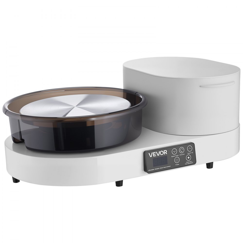 VEVOR Torno de Alfarero, Placa de Aluminio 28 cm, Rueda de Cerámica Eléctrica, Velocidad de 30-300 RPM, Máquina de Arcilla con Pedal Pantalla Almacenamiento, Metal, para Bricolaje Alfarería, Blanco