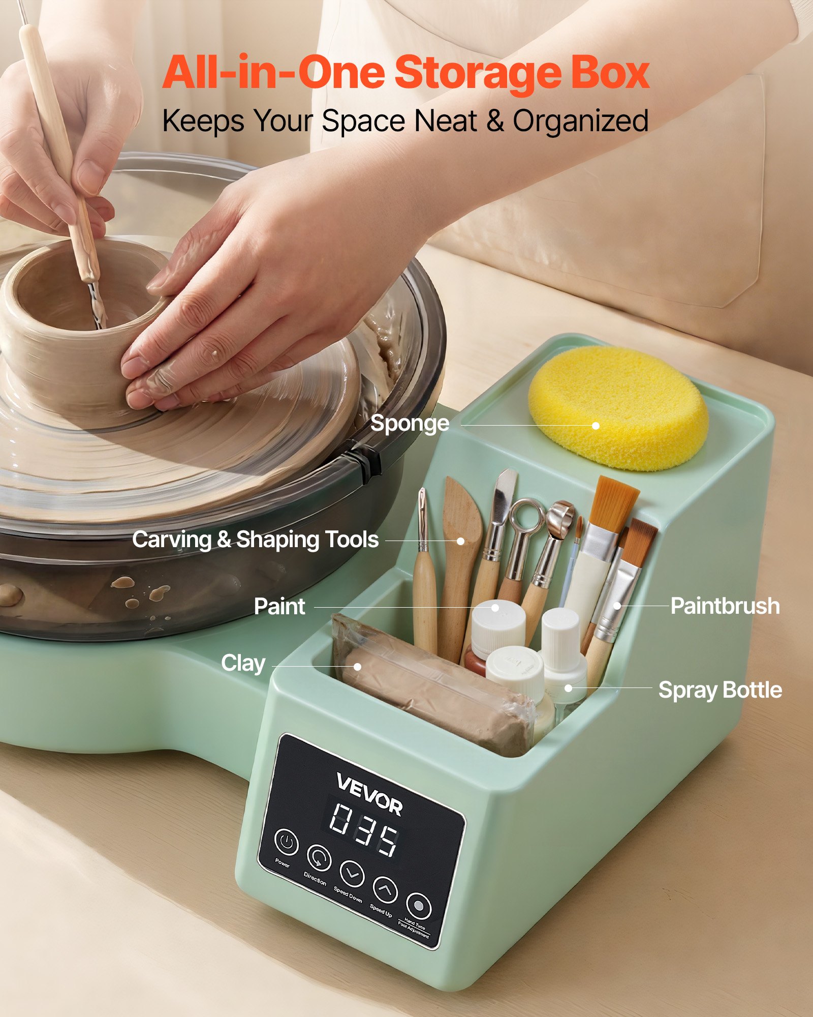 VEVOR Torno de Alfarero, Placa de Aluminio 28 cm, Rueda de Cerámica Eléctrica, Velocidad Ajustable de 30 a 300 RPM, Herramienta de Arcilla con Pedal Pantalla Almacenamiento, para Bricolaje, Verde