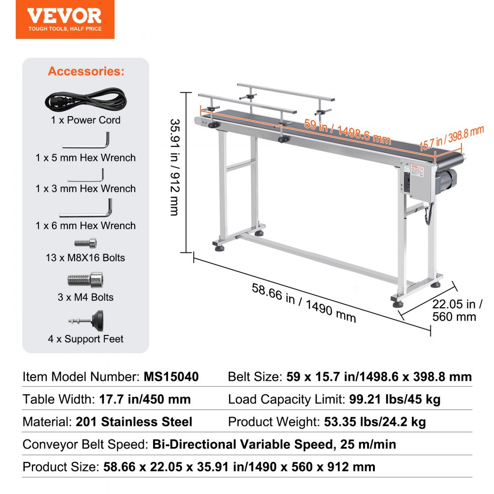 VEVOR Transportador de Correa Motorizado 1498,6x398,8 mm Transportador Acero Inoxidable Cinta Transportadora de PVC Antiestática Barandilla Doble para Aplicación de Codificación por Inyección de Tinta