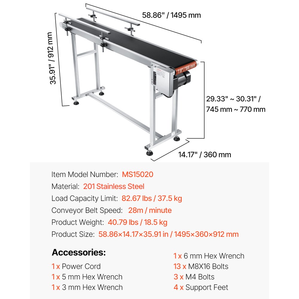 VEVOR Transportador de Correa Motorizado 1498,6x198,1 mm Transportador Acero Inoxidable Cinta Transportadora de PVC Antiestática Barandilla Doble para Aplicación de Codificación por Inyección de Tinta