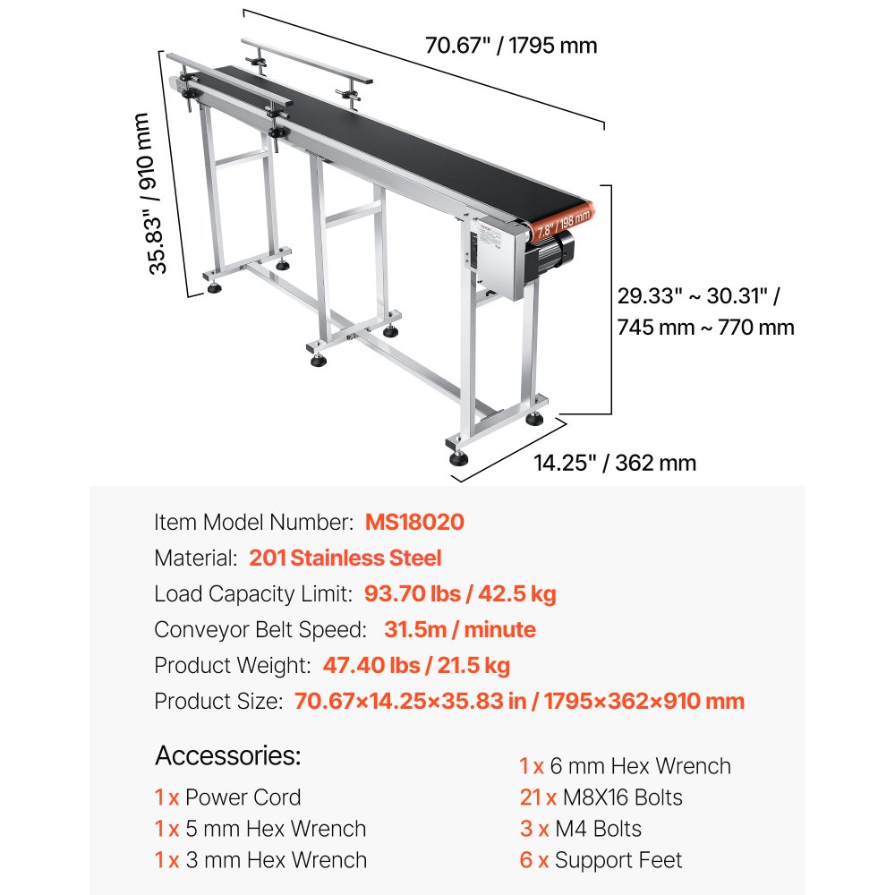 VEVOR Transportador de Correa Motorizado 1803,4x198,1 mm Transportador Acero Inoxidable Cinta Transportadora de PVC Antiestática Barandilla Doble para Aplicación de Codificación por Inyección de Tinta