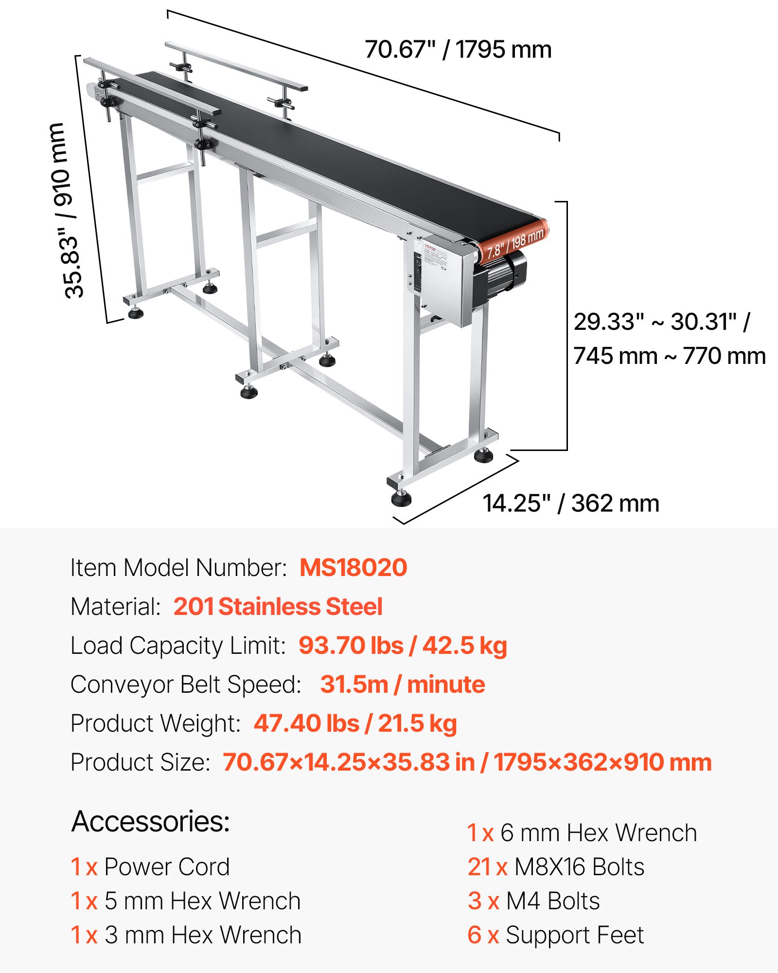 VEVOR Transportador de Correa Motorizado 1803,4x198,1 mm Transportador Acero Inoxidable Cinta Transportadora de PVC Antiestática Barandilla Doble para Aplicación de Codificación por Inyección de Tinta