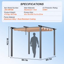 VEVOR Pérgola Retráctil de Aluminio con Dosel Beige de 3x3x2,3 m para Exterior