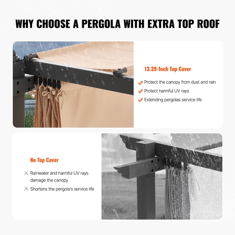 Pérgola retráctil para exteriores VEVOR de 12 x 16 pies con dosel, pérgola de aluminio con dosel retráctil, pérgola moderna con toldo parasol para patios, jardines, terrazas y patios traseros (beige)