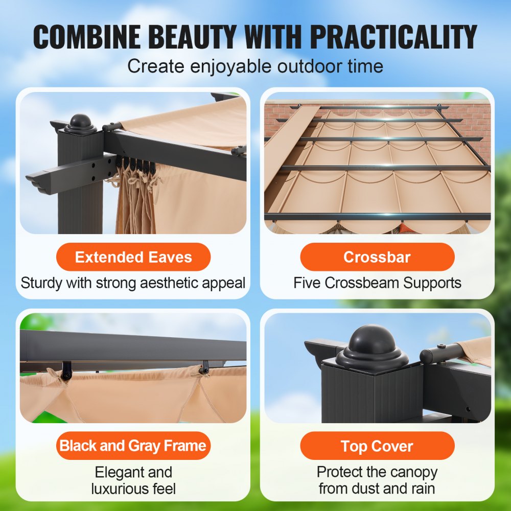 Pérgola retráctil para exteriores VEVOR de 12 x 16 pies con dosel, pérgola de aluminio con dosel retráctil, pérgola moderna con toldo parasol para patios, jardines, terrazas y patios traseros (beige)