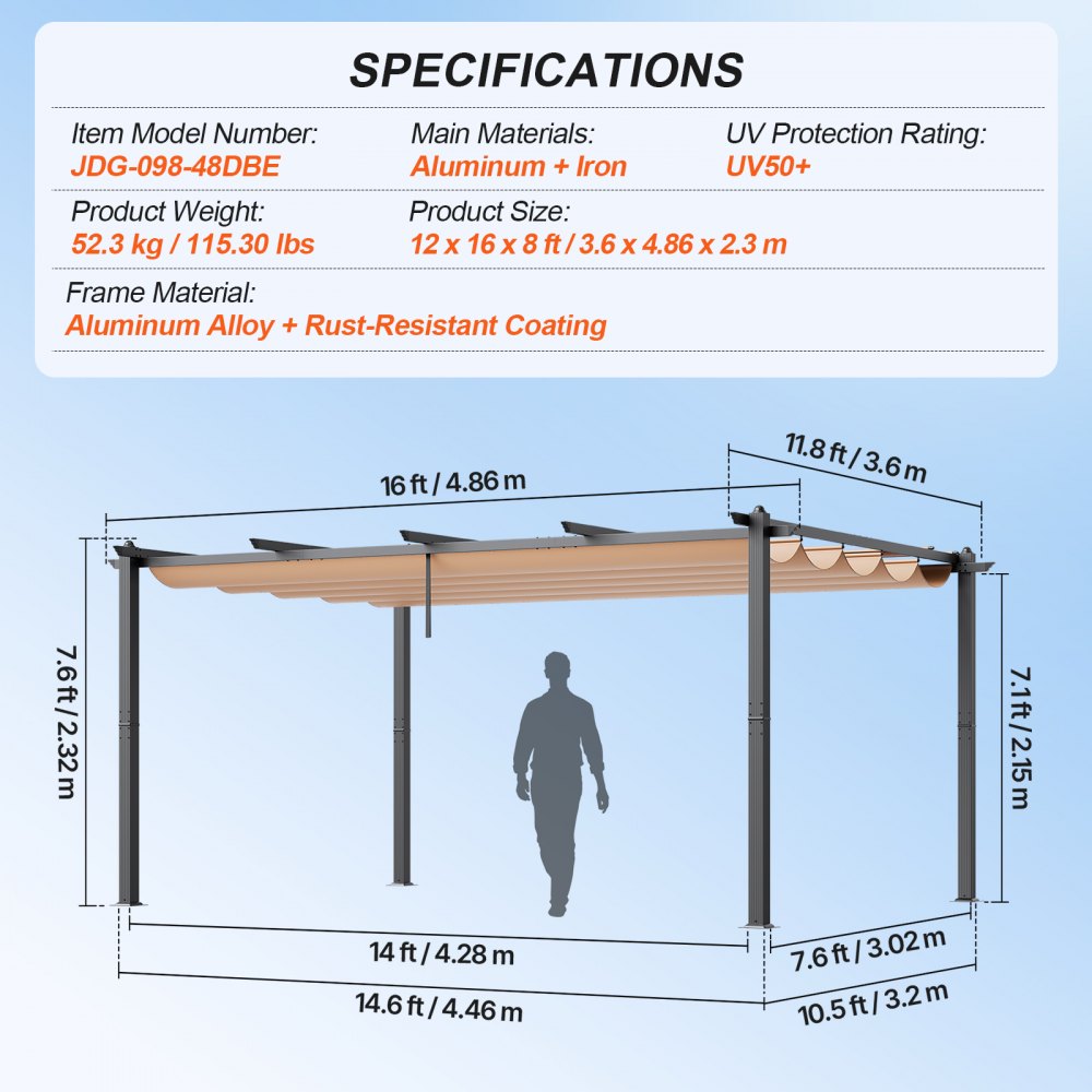 Pérgola retráctil para exteriores VEVOR de 12 x 16 pies con dosel, pérgola de aluminio con dosel retráctil, pérgola moderna con toldo parasol para patios, jardines, terrazas y patios traseros (beige)