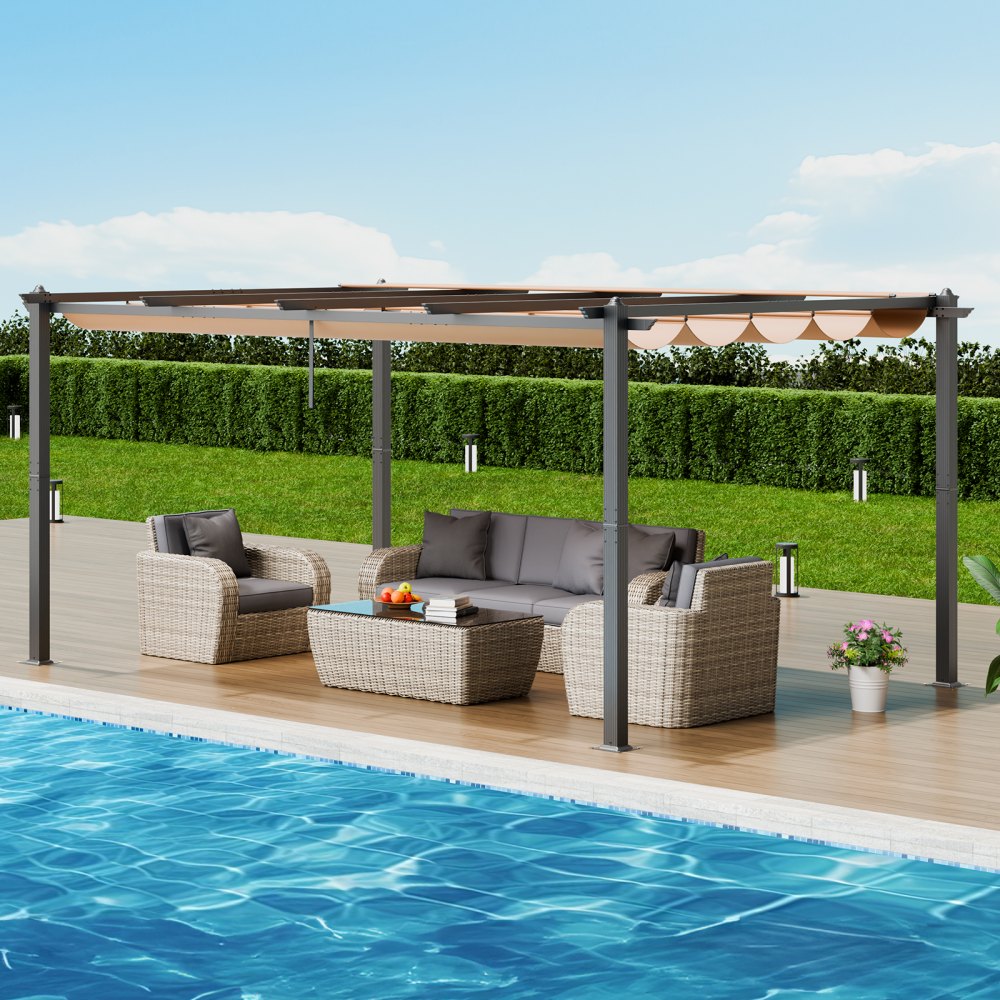 Pérgola retráctil para exteriores VEVOR de 12 x 16 pies con dosel, pérgola de aluminio con dosel retráctil, pérgola moderna con toldo parasol para patios, jardines, terrazas y patios traseros (beige)