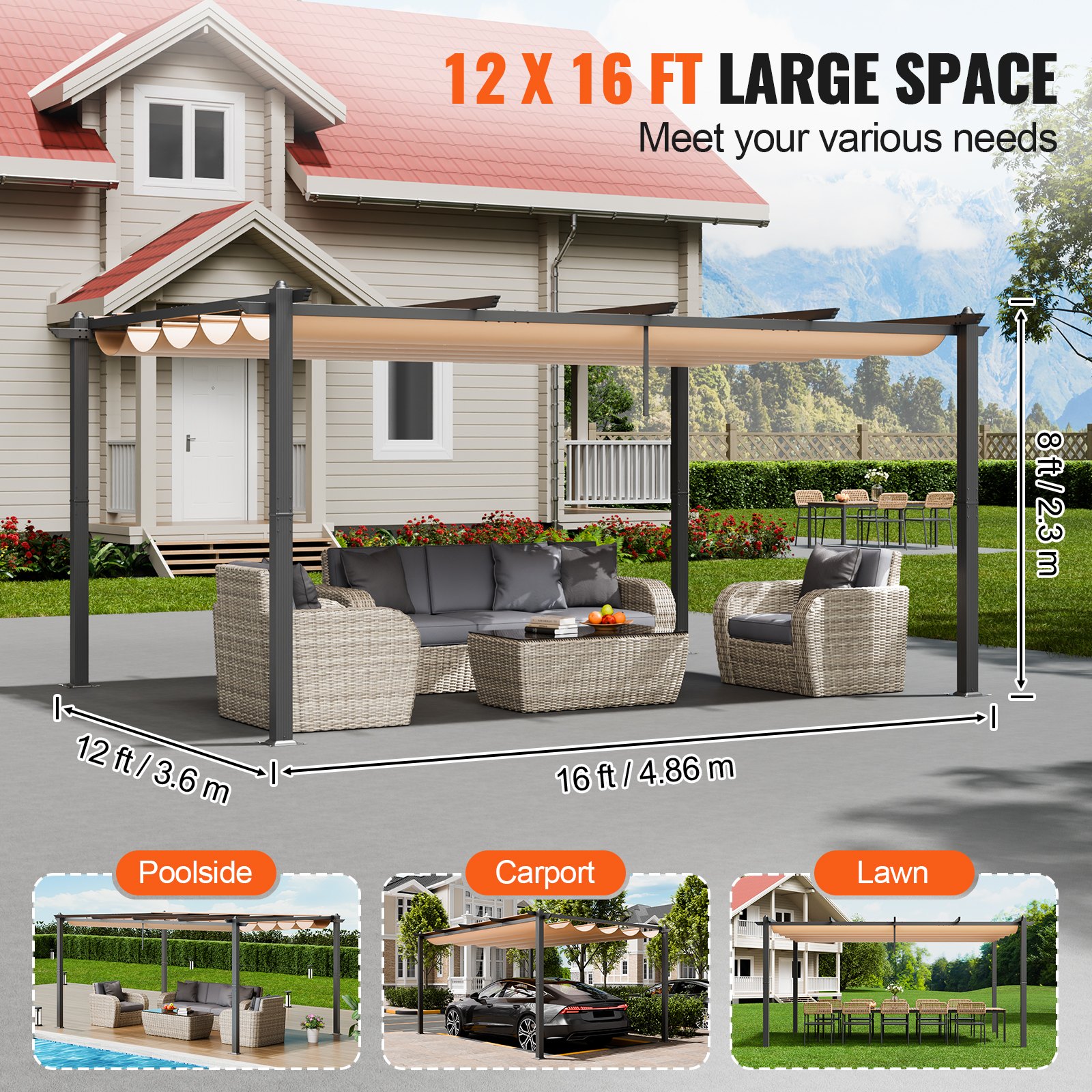 Pérgola retráctil para exteriores VEVOR de 12 x 16 pies con dosel, pérgola de aluminio con dosel retráctil, pérgola moderna con toldo parasol para patios, jardines, terrazas y patios traseros (beige)