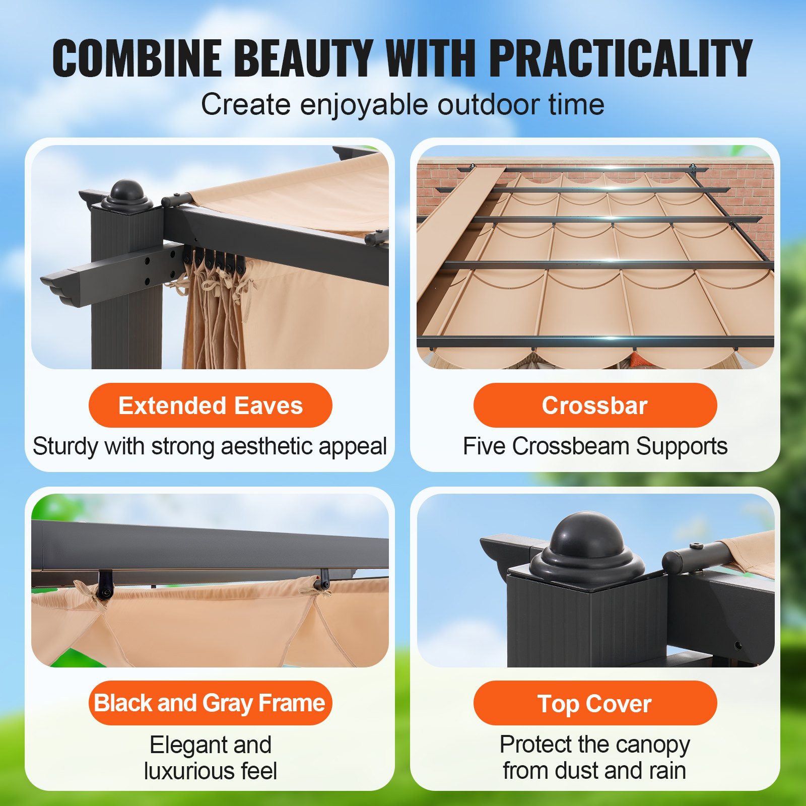 Pérgola retráctil para exteriores VEVOR de 12 x 16 pies con dosel, pérgola de aluminio con dosel retráctil, pérgola moderna con toldo parasol para patios, jardines, terrazas y patios traseros (beige)