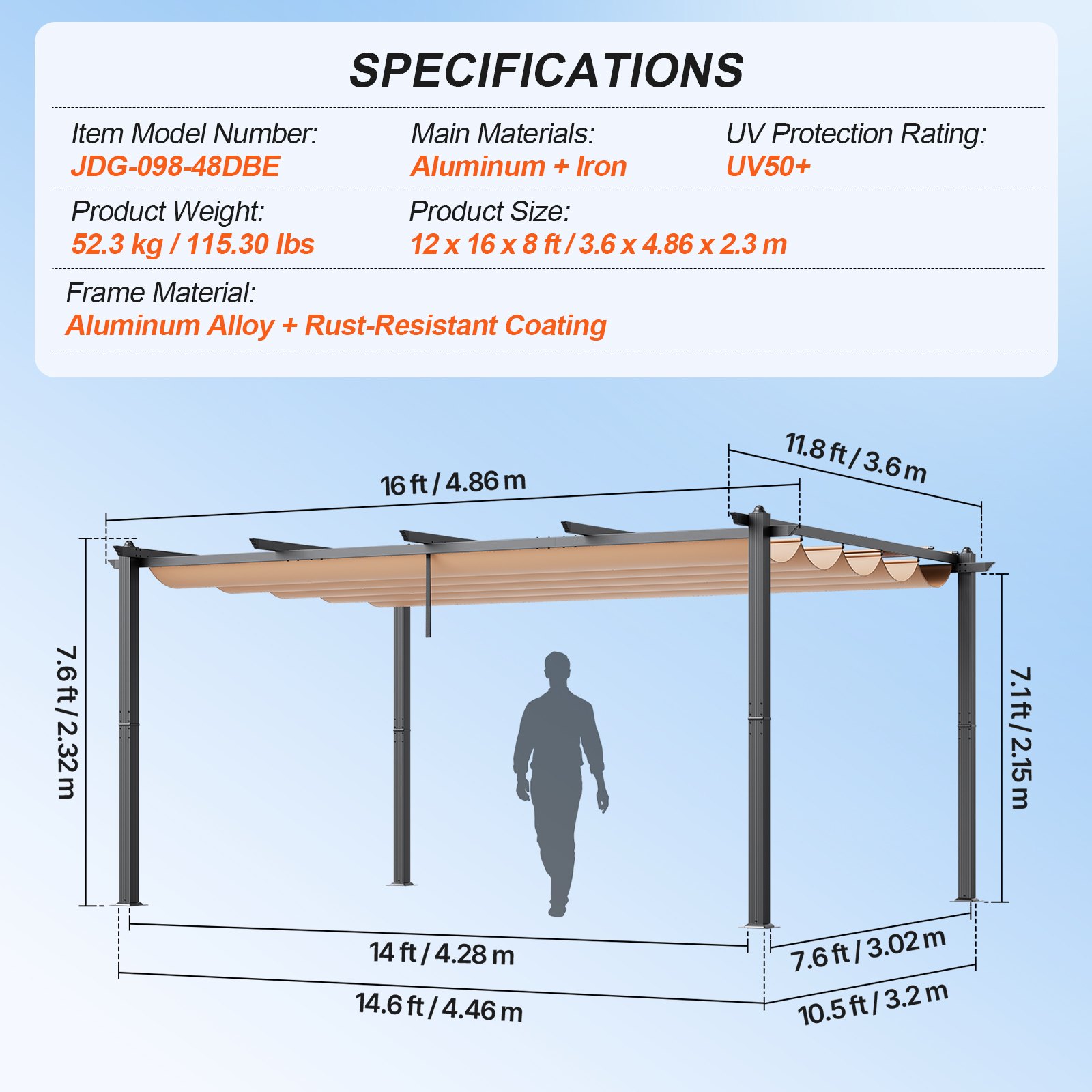 Pérgola retráctil para exteriores VEVOR de 12 x 16 pies con dosel, pérgola de aluminio con dosel retráctil, pérgola moderna con toldo parasol para patios, jardines, terrazas y patios traseros (beige)