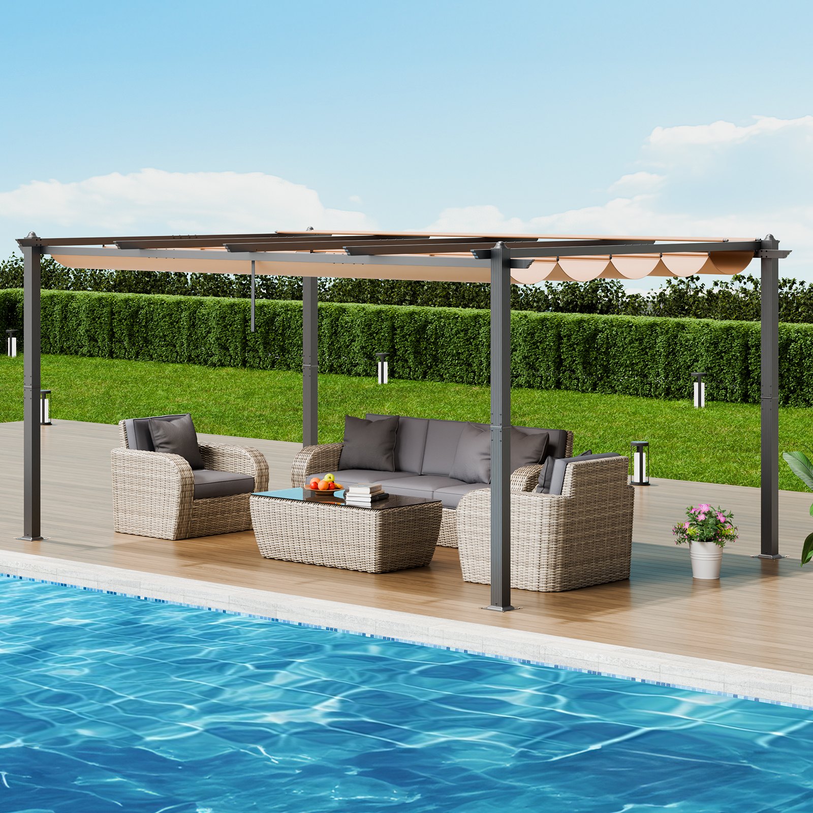 Pérgola retráctil para exteriores VEVOR de 12 x 16 pies con dosel, pérgola de aluminio con dosel retráctil, pérgola moderna con toldo parasol para patios, jardines, terrazas y patios traseros (beige)