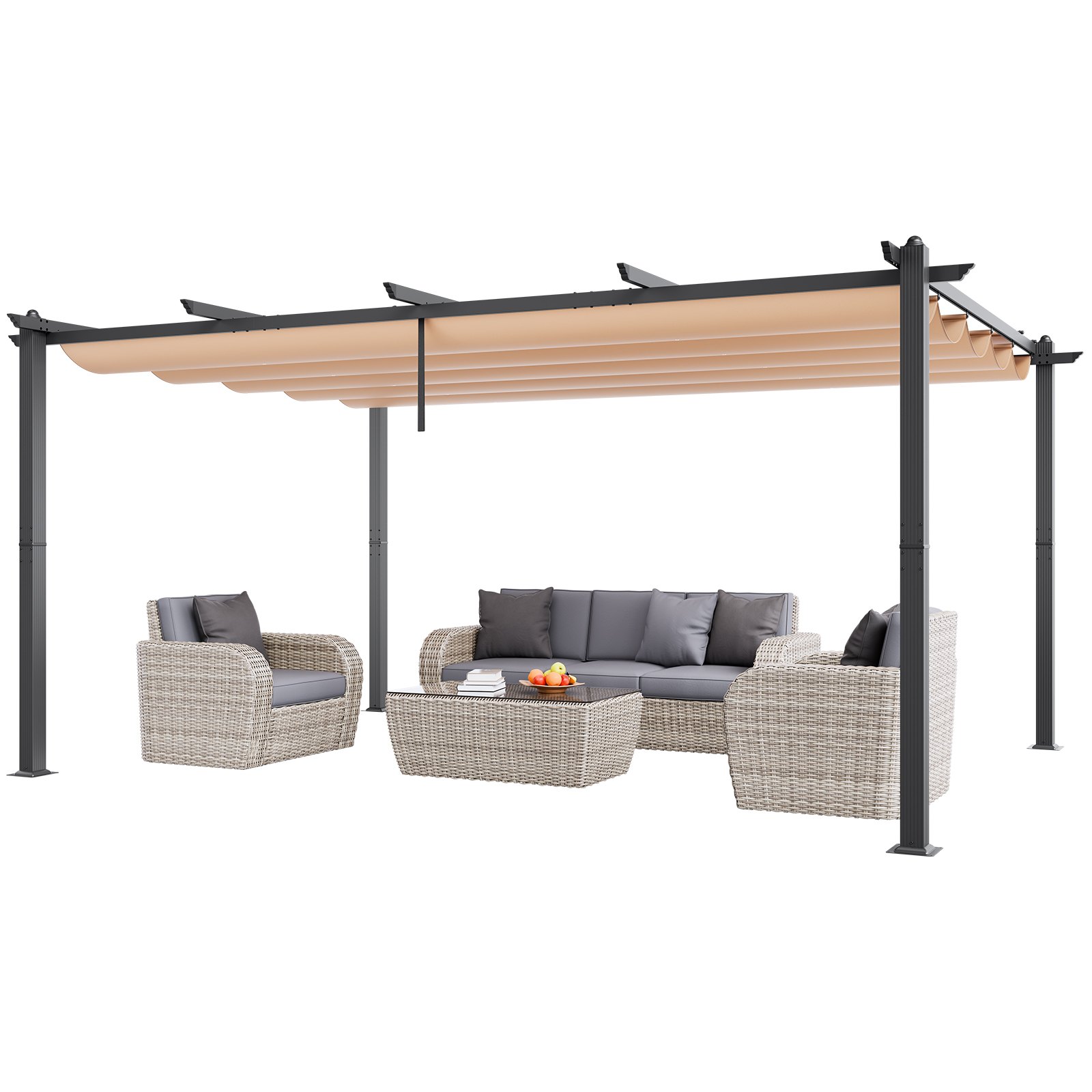 Pérgola retráctil para exteriores VEVOR de 12 x 16 pies con dosel, pérgola de aluminio con dosel retráctil, pérgola moderna con toldo parasol para patios, jardines, terrazas y patios traseros (beige)