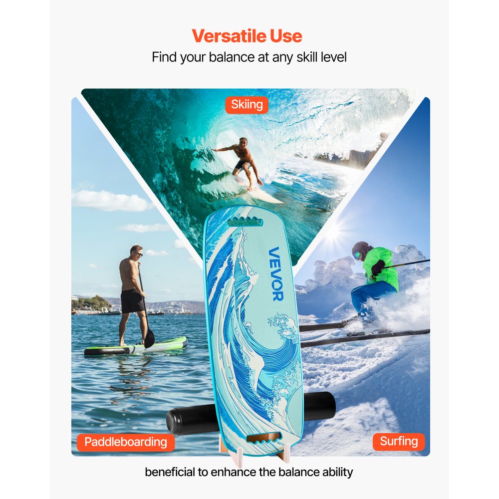 VEVOR Tabla de Equilibrio de Madera 76 x 29 cm, Entrenador de Tabla de Equilibrio con Rodillo, Topes Magnéticos, Soporte de Almacenamiento, para Ejercicios de Core, Entrenamiento de Surf, Azul