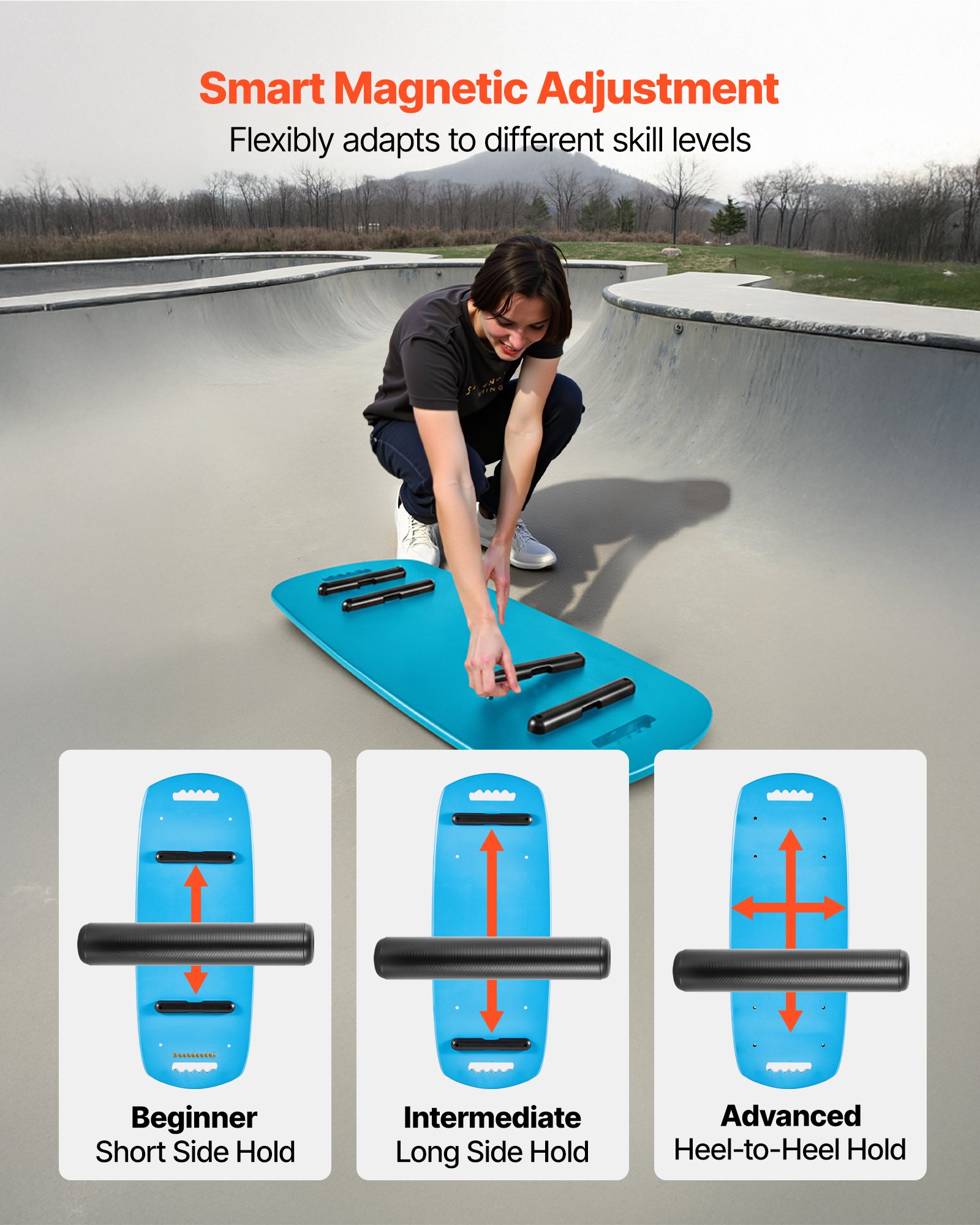 VEVOR Tabla de Equilibrio de Madera 76 x 29 cm, Entrenador de Tabla de Equilibrio con Rodillo, Topes Magnéticos, Soporte de Almacenamiento, para Ejercicios de Core, Entrenamiento de Surf, Azul