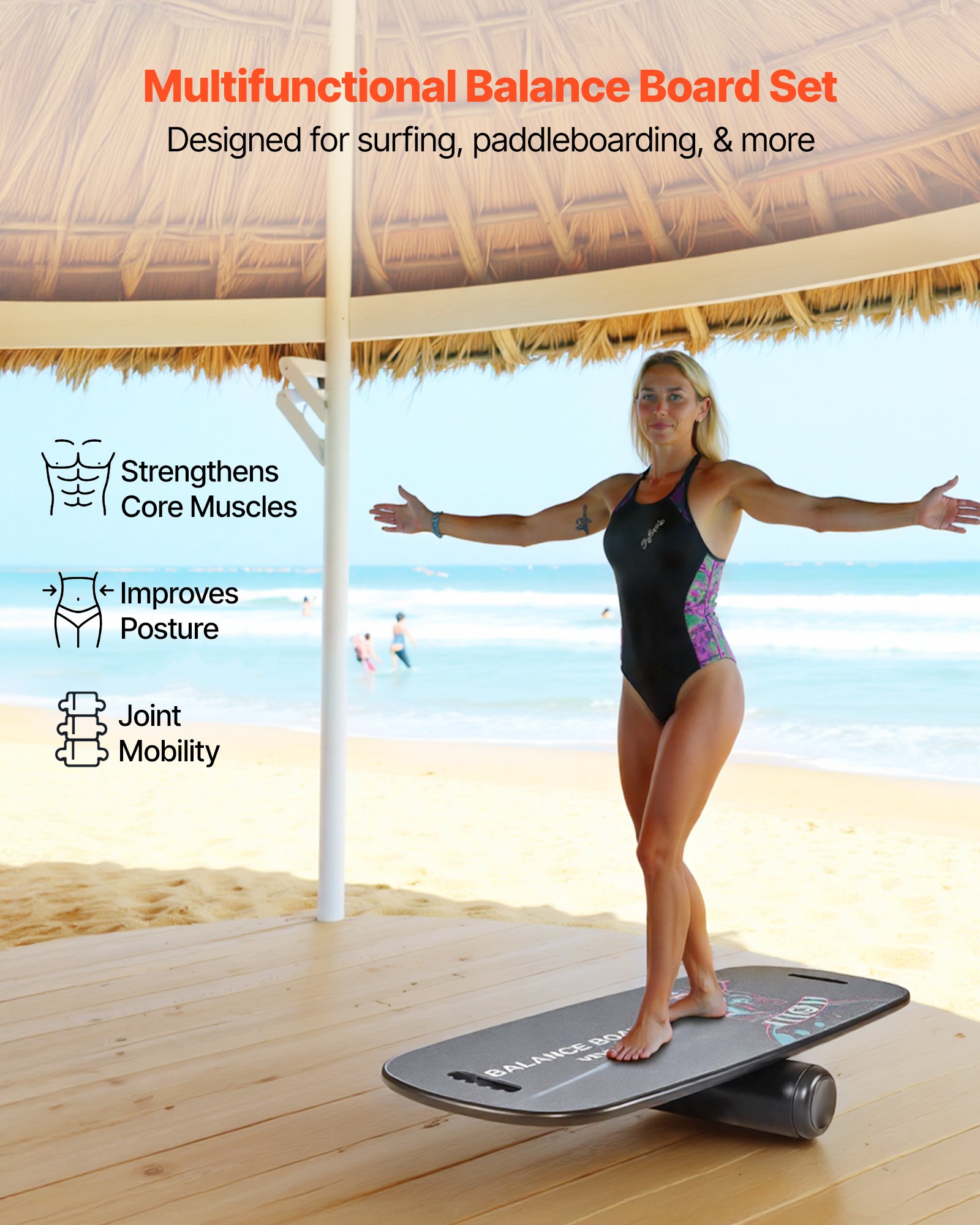 VEVOR Tabla de Equilibrio de Madera 89 x 38 cm, Entrenador de Tabla de Equilibrio con Rodillo, Topes Magnéticos, Soporte de Almacenamiento, para Ejercicios de Core, Entrenamiento de Surf, Negro