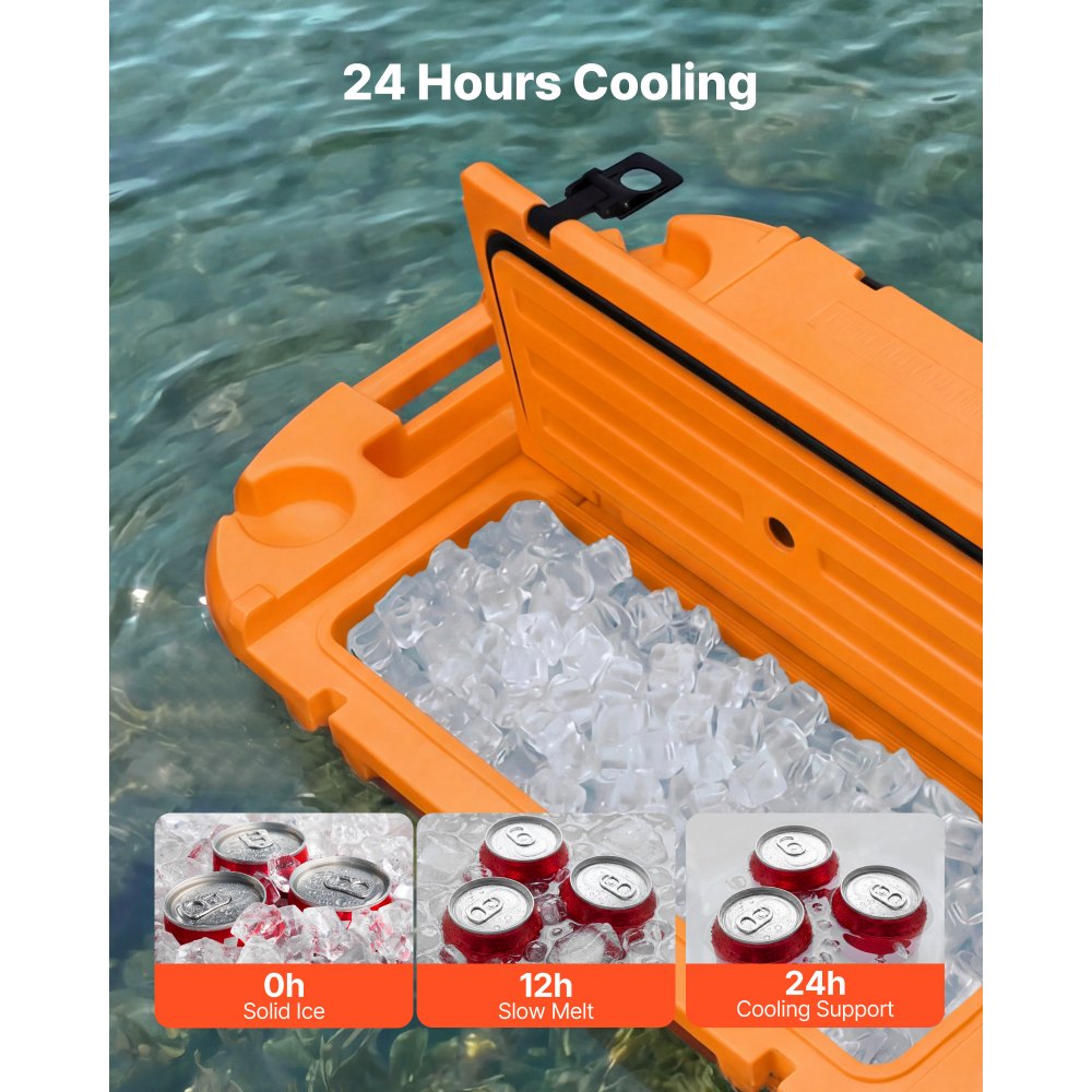 VEVOR Nevera Flotante 37,9 L Enfriador Flotante para Agua y Tierra con Portavasos, Carcasa Rígida Aislada, Asas Laterales, Cuerda de Remolque para Lago Barco Playa Piscina Bebida Hielo, Color Naranja