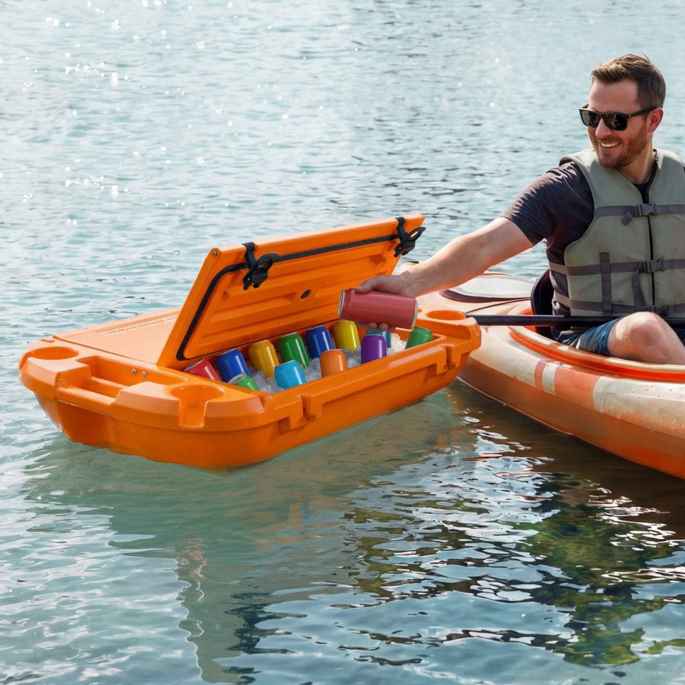 VEVOR Nevera Flotante 37,9 L Enfriador Flotante para Agua y Tierra con Portavasos, Carcasa Rígida Aislada, Asas Laterales, Cuerda de Remolque para Lago Barco Playa Piscina Bebida Hielo, Color Naranja