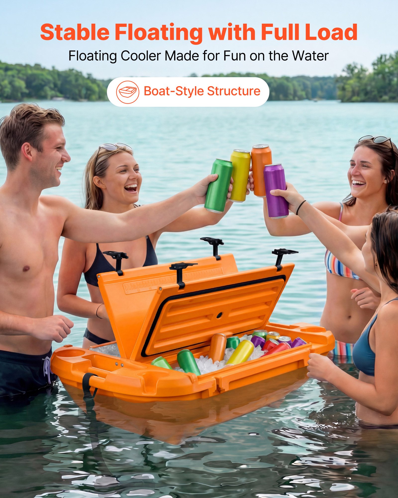 VEVOR Nevera Flotante 37,9 L Enfriador Flotante para Agua y Tierra con Portavasos, Carcasa Rígida Aislada, Asas Laterales, Cuerda de Remolque para Lago Barco Playa Piscina Bebida Hielo, Color Naranja