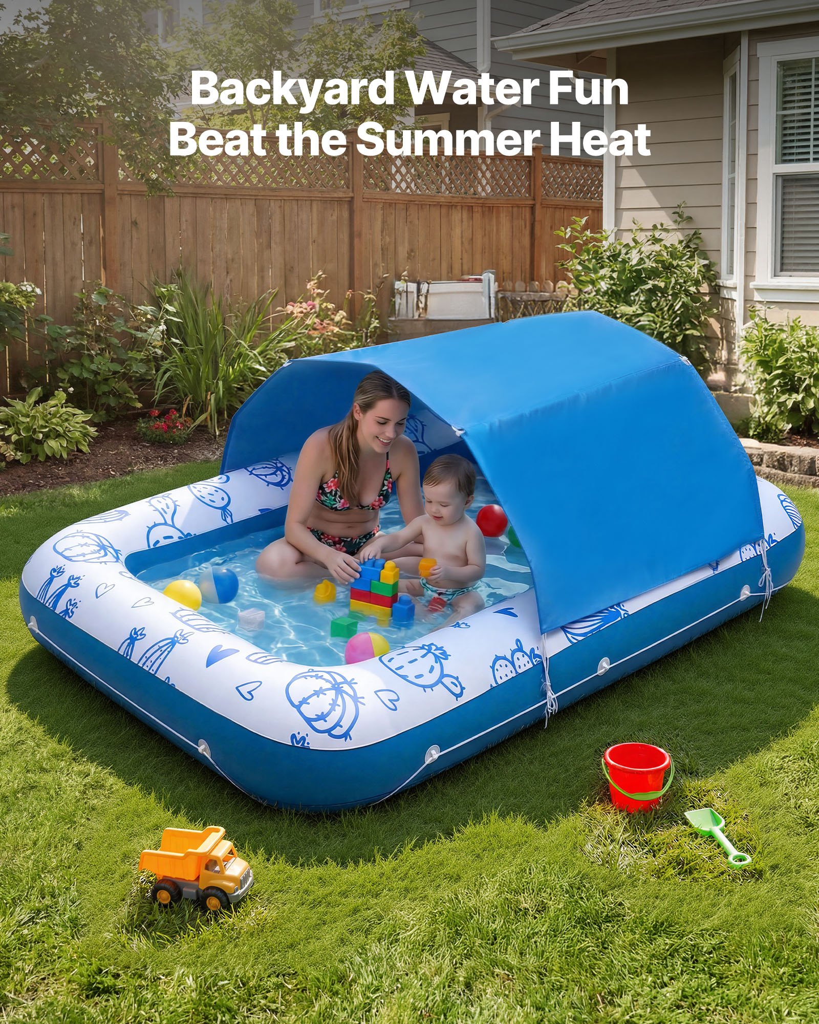 VEVOR Flotador Inflable para Piscina con Toldo 209x140cm, Colchón Hinchable para Tomar Sol para Adultos, Capacidad de 250kg, con Almohada, Soporte para Teléfono y Portavasos para Disfrutar del Agua