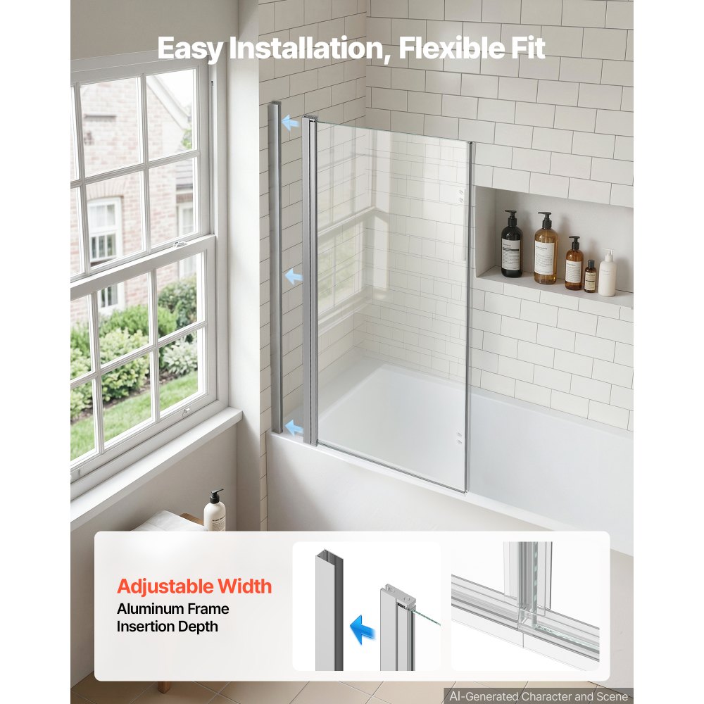 VEVOR Mampara de Ducha Plegable para Bañera 1200 x 1400 mm Puerta de Vidrio, Mampara de Bañera sin Marco, Cristal Templado de Seguridad 6 mm, 2 Bisagras, 180° Plegable, Perfil de Aluminio, Plateado