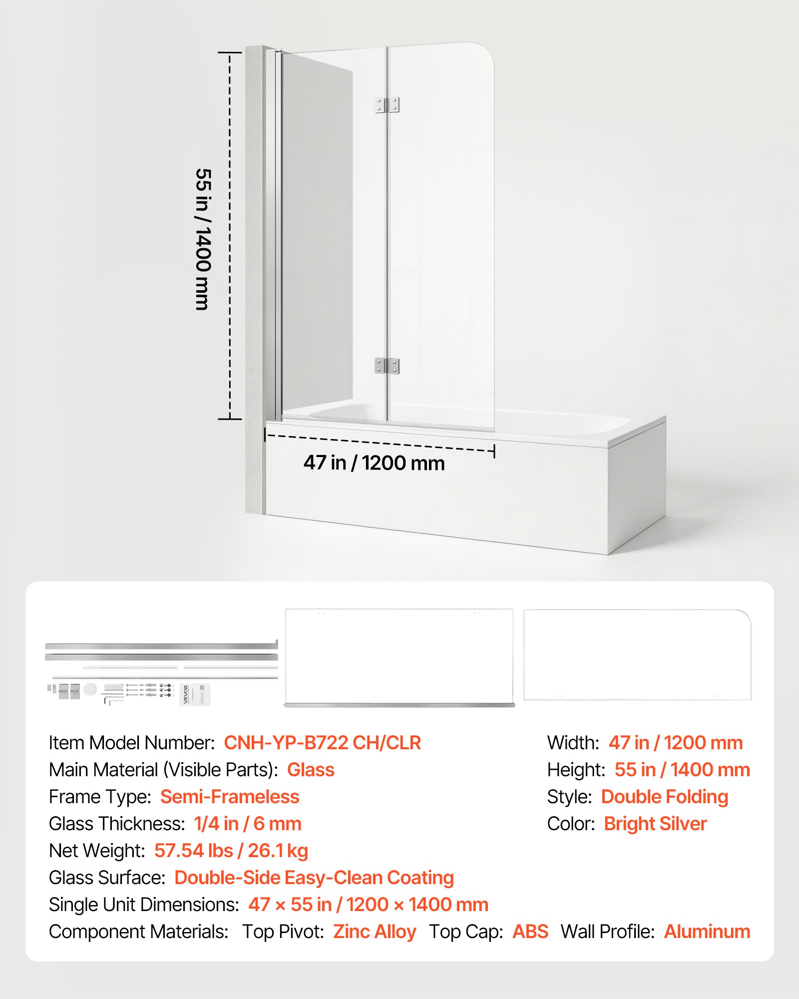VEVOR Mampara de Ducha Plegable para Bañera 1200 x 1400 mm Puerta de Vidrio, Mampara de Bañera sin Marco, Cristal Templado de Seguridad 6 mm, 2 Bisagras, 180° Plegable, Perfil de Aluminio, Plateado
