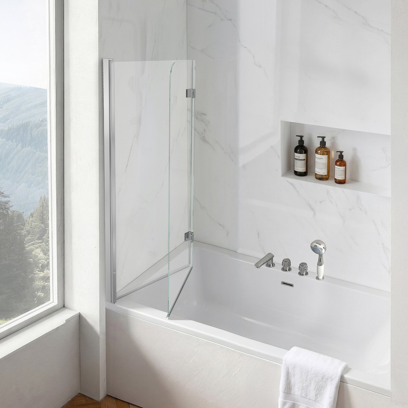 VEVOR Mampara de Ducha Plegable para Bañera 1200 x 1400 mm Puerta de Vidrio, Mampara de Bañera sin Marco, Cristal Templado de Seguridad 6 mm, 2 Bisagras, 180° Plegable, Perfil de Aluminio, Plateado