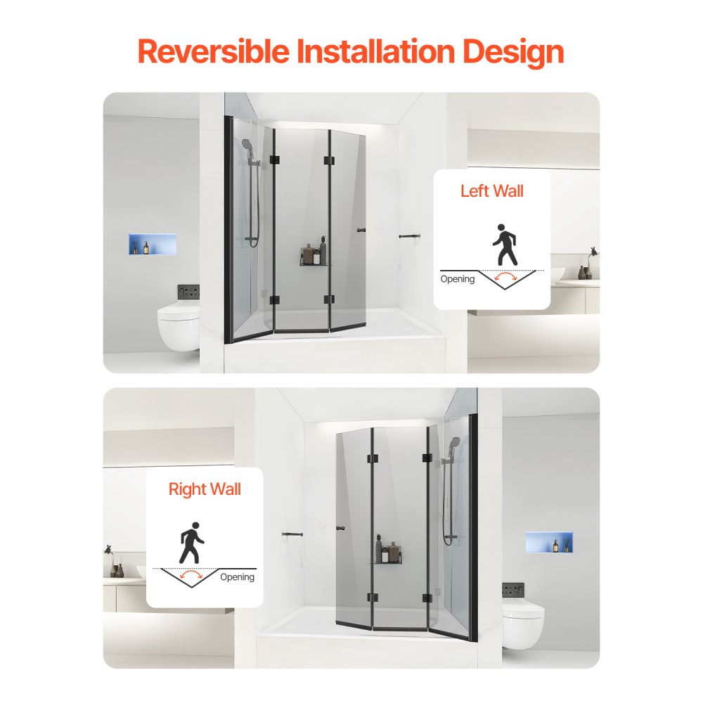 VEVOR Bathtub Shower Door (1295 x 1422 mm / W x H) Frameless, Hinged Folding Shower Door, Triple-Folded Glass Shower Door with 180° Rotating Design, for Bathtub, Black