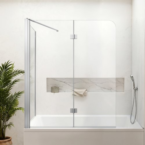 VEVOR Mampara de Ducha Plegable para Bañera 700/1200 x 1400 mm de Cristal, Puerta de Bañera de Vidrio Templado de Seguridad 6 mm, 1 Hoja Fija y 2 Flexibles, Perfil de Aluminio, Revestimiento Nano