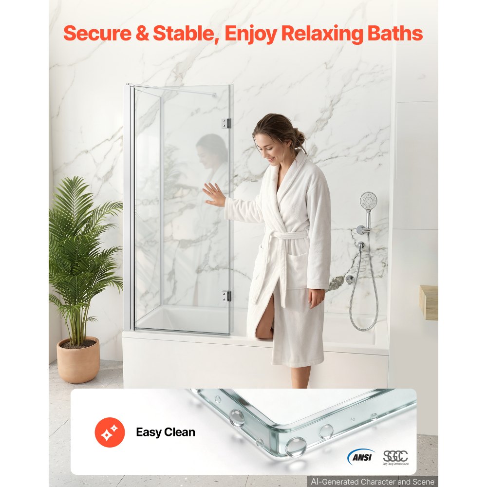 VEVOR Mampara de Ducha Plegable para Bañera 700/1200 x 1400 mm de Cristal, Puerta de Bañera de Vidrio Templado de Seguridad 6 mm, 1 Hoja Fija y 2 Flexibles, Perfil de Aluminio, Revestimiento Nano