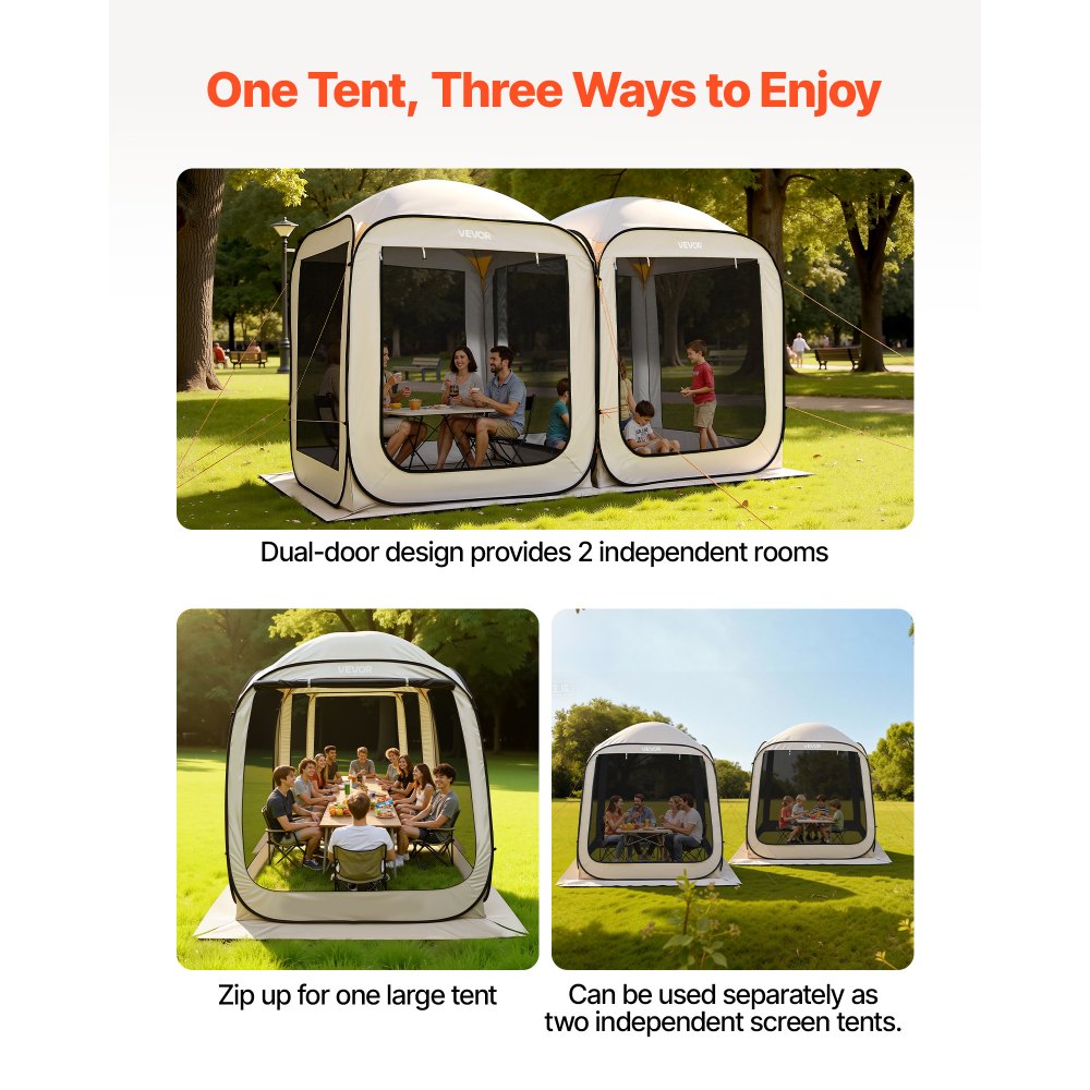VEVOR Carpa Plegable, 3660 x 1825 x 2200 mm, 2 en 1, con Mosquitera, Bolsa de Transporte, Laterales de Malla y Estacas para el Suelo, para Jardín, Patio y Actividades al Aire Libre. Color Beige