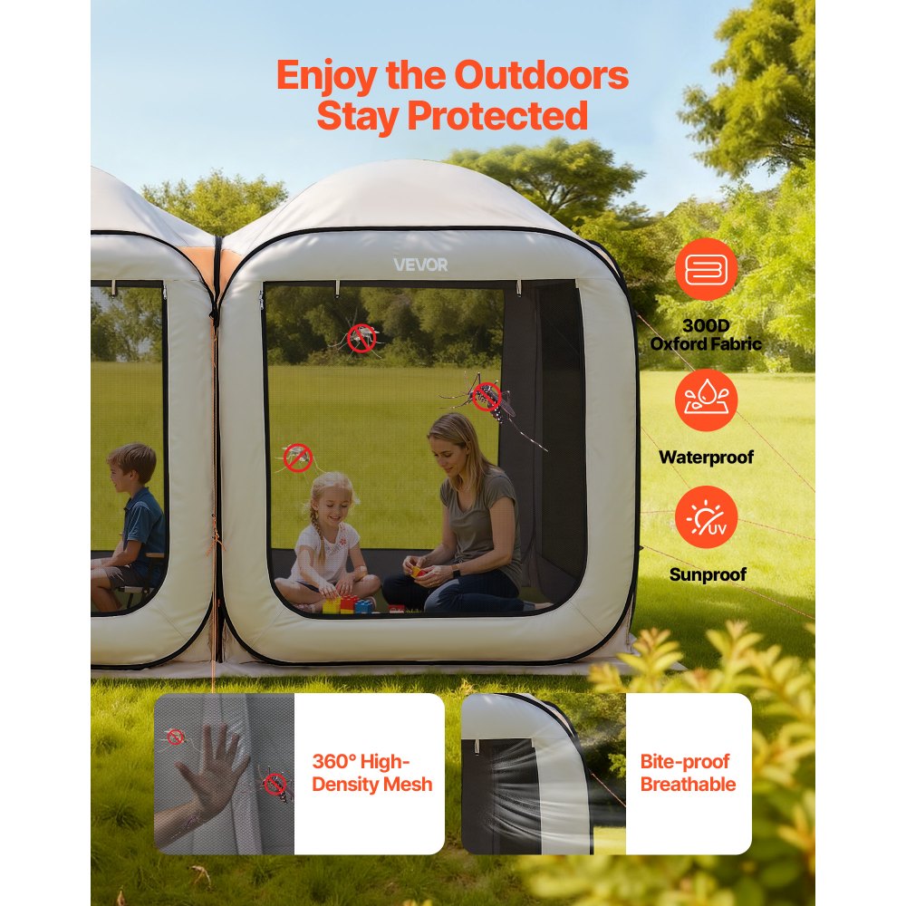 VEVOR Carpa Plegable, 3660 x 1825 x 2200 mm, 2 en 1, con Mosquitera, Bolsa de Transporte, Laterales de Malla y Estacas para el Suelo, para Jardín, Patio y Actividades al Aire Libre. Color Beige