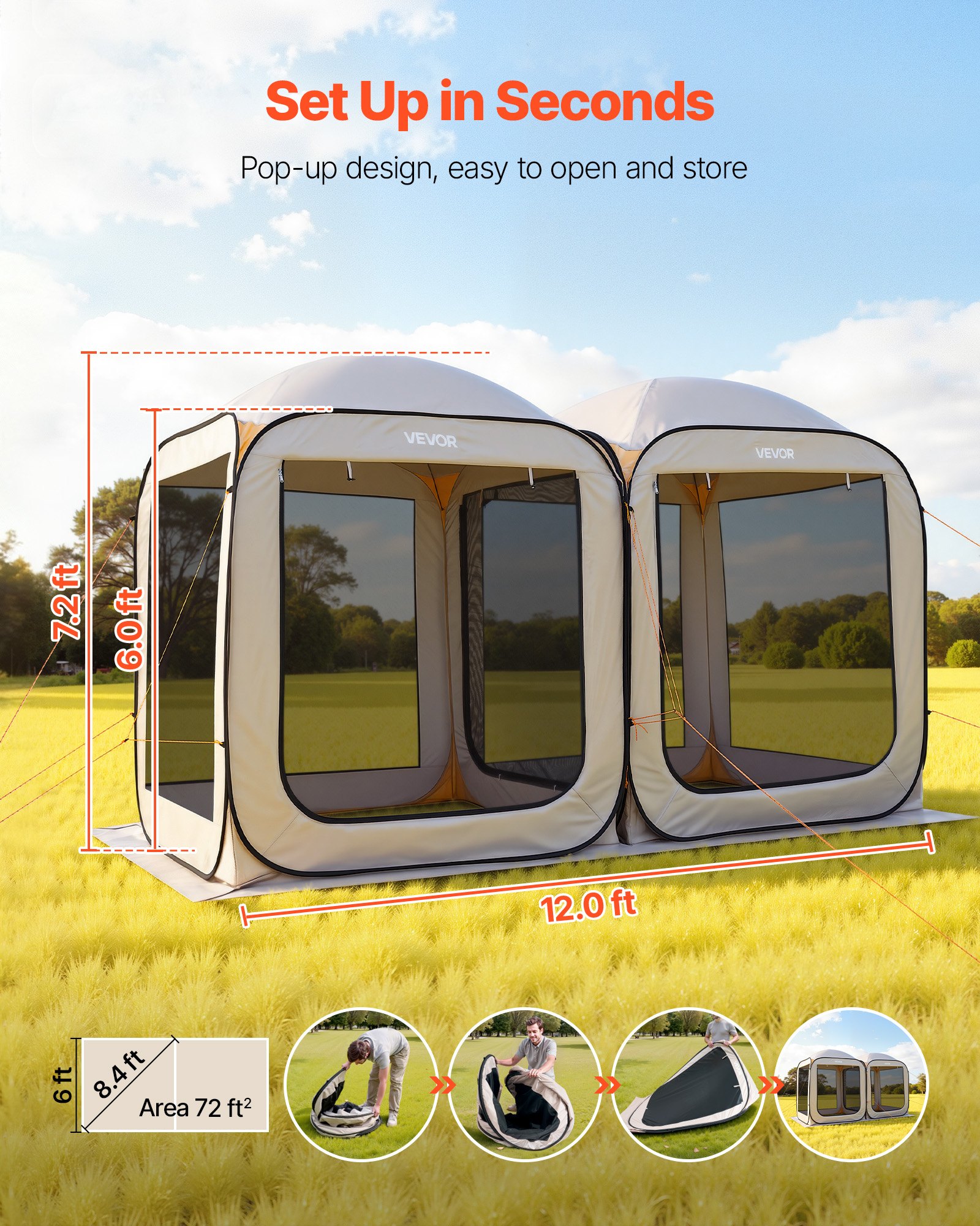 VEVOR Carpa Plegable, 3660 x 1825 x 2200 mm, 2 en 1, con Mosquitera, Bolsa de Transporte, Laterales de Malla y Estacas para el Suelo, para Jardín, Patio y Actividades al Aire Libre. Color Beige
