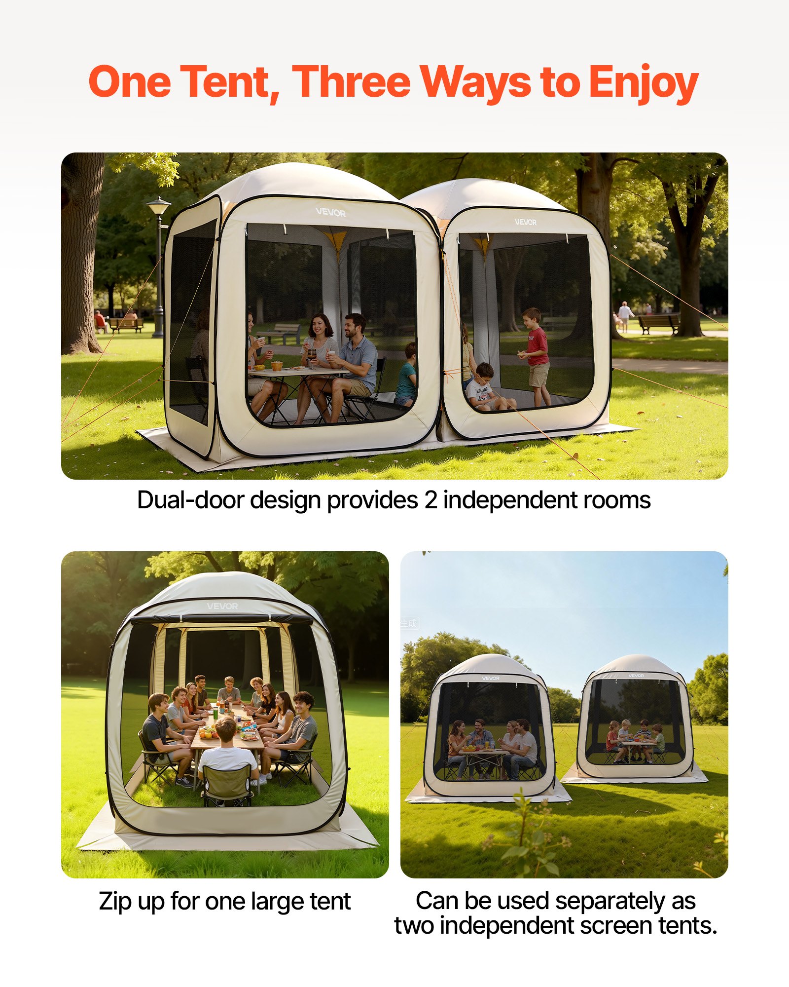 VEVOR Carpa Plegable, 3660 x 1825 x 2200 mm, 2 en 1, con Mosquitera, Bolsa de Transporte, Laterales de Malla y Estacas para el Suelo, para Jardín, Patio y Actividades al Aire Libre. Color Beige