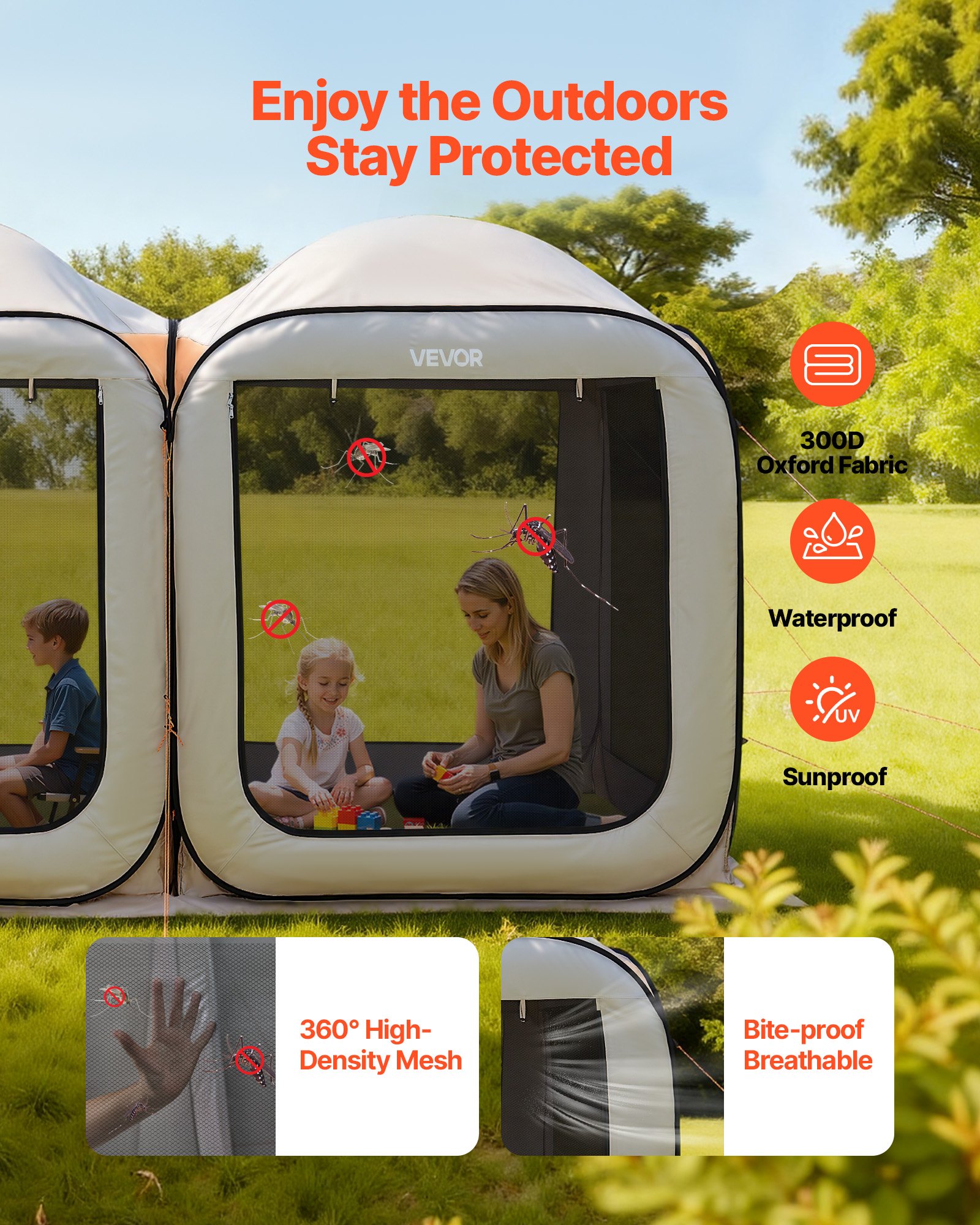 VEVOR Carpa Plegable, 3660 x 1825 x 2200 mm, 2 en 1, con Mosquitera, Bolsa de Transporte, Laterales de Malla y Estacas para el Suelo, para Jardín, Patio y Actividades al Aire Libre. Color Beige