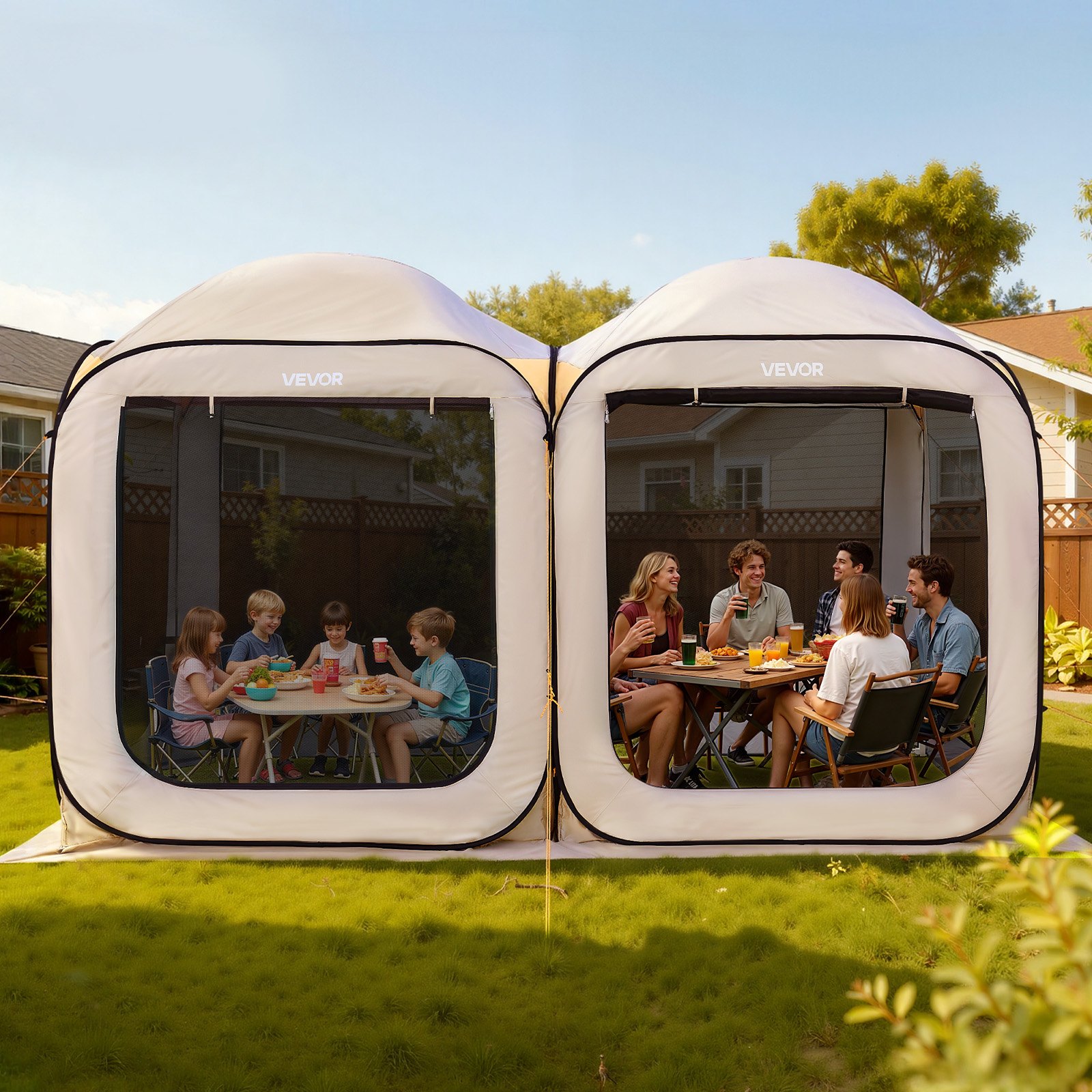 VEVOR Carpa Plegable, 3660 x 1825 x 2200 mm, 2 en 1, con Mosquitera, Bolsa de Transporte, Laterales de Malla y Estacas para el Suelo, para Jardín, Patio y Actividades al Aire Libre. Color Beige