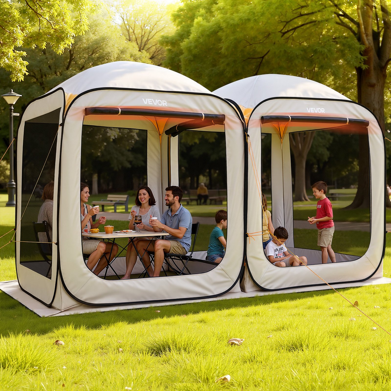 VEVOR Carpa Plegable, 3660 x 1825 x 2200 mm, 2 en 1, con Mosquitera, Bolsa de Transporte, Laterales de Malla y Estacas para el Suelo, para Jardín, Patio y Actividades al Aire Libre. Color Beige