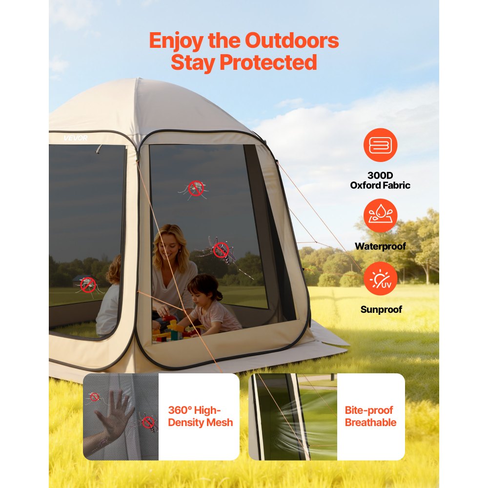 VEVOR Carpa Plegable, 3030 x 2650 x 2300 mm, 4-8 Personas, con Mosquitera, Bolsa de Transporte, Laterales de Malla y Estacas para el Suelo, para Jardín, Patio y Actividades al Aire Libre, Beige
