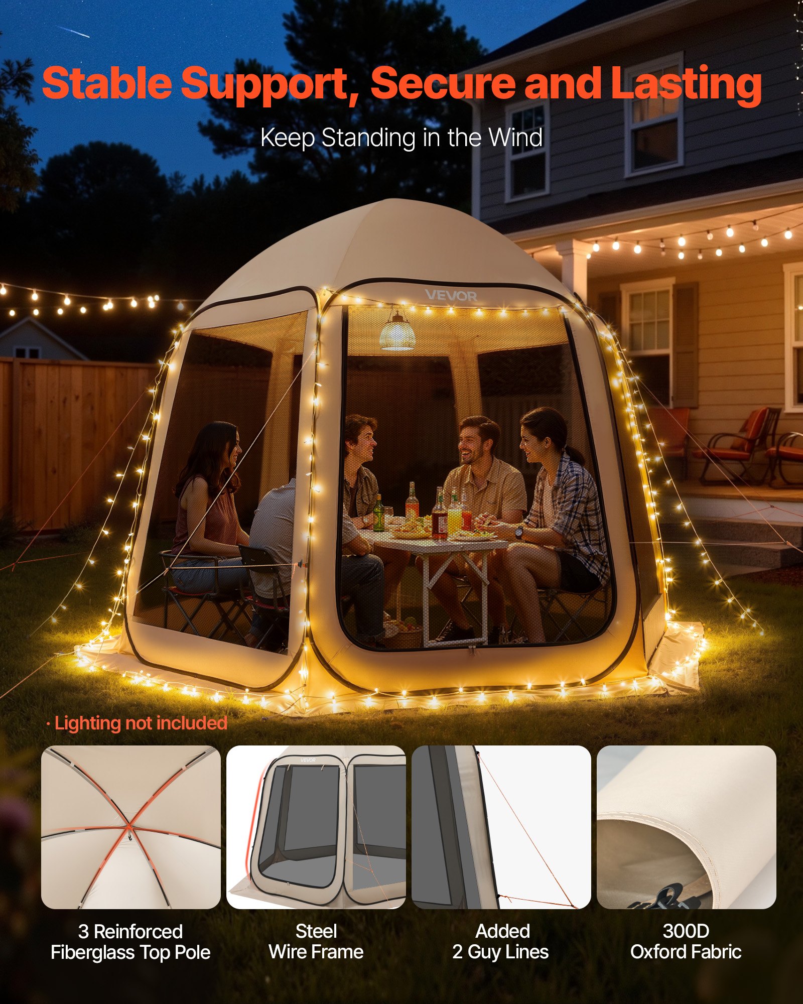 VEVOR Carpa Plegable, 3030 x 2650 x 2300 mm, 4-8 Personas, con Mosquitera, Bolsa de Transporte, Laterales de Malla y Estacas para el Suelo, para Jardín, Patio y Actividades al Aire Libre, Beige